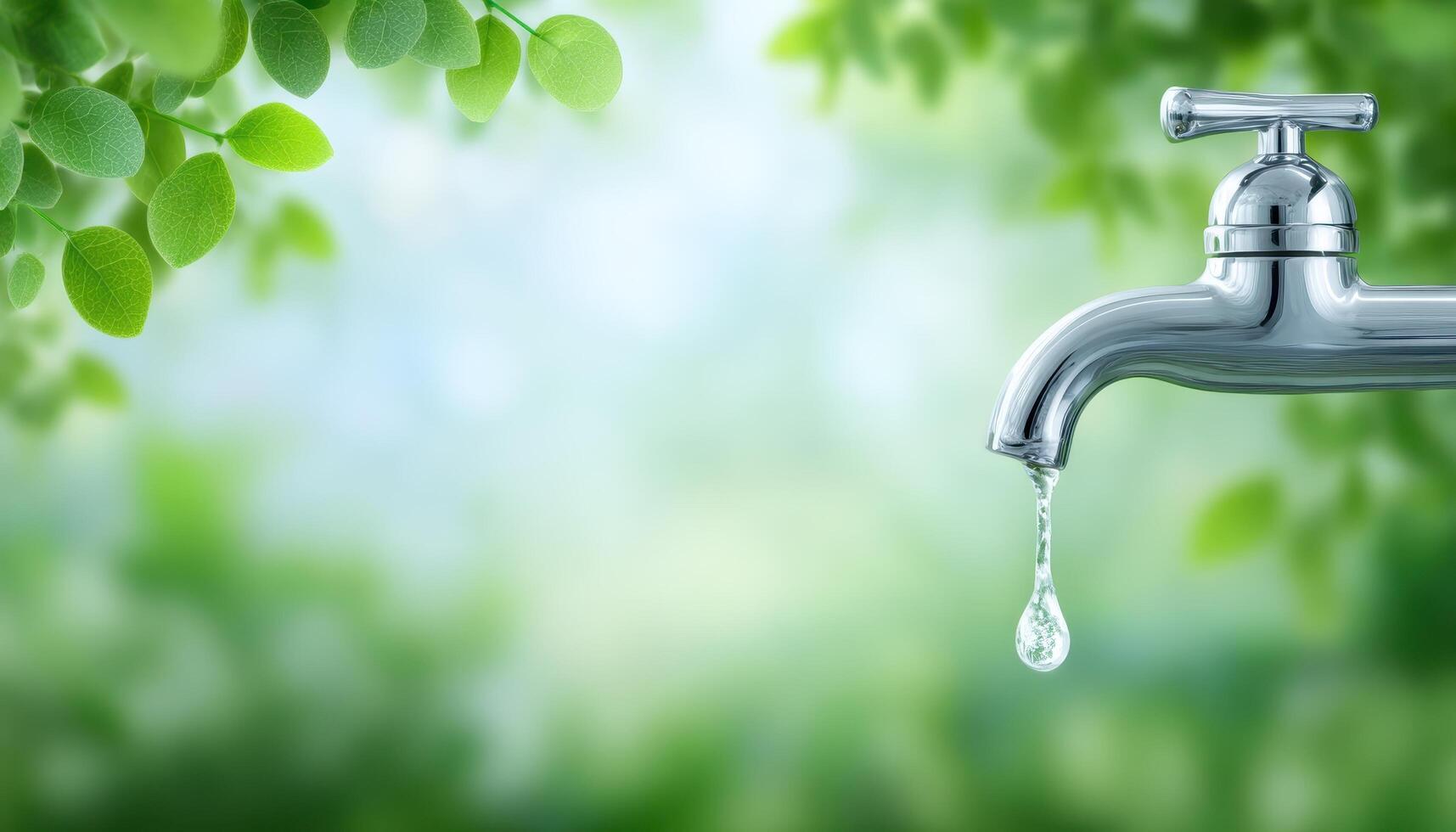 Water drop on chrome faucet nature closeup green background tranquil environment macro photography photo
