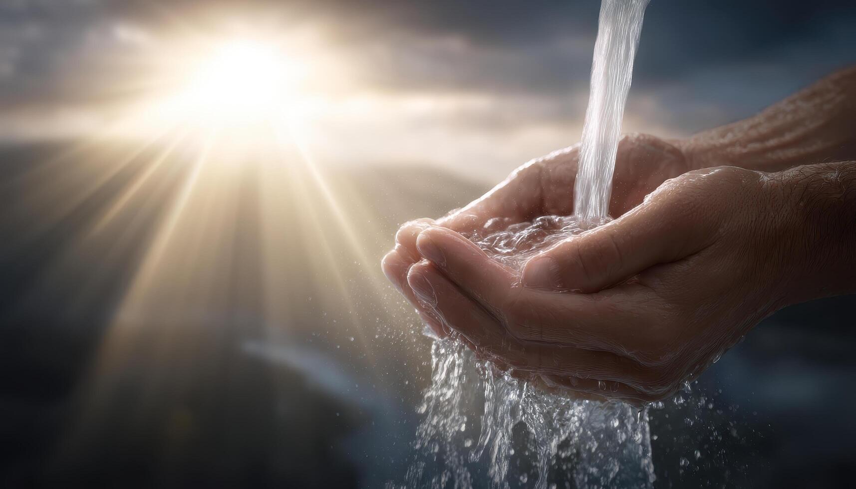 Hands catching water under a bright sunlight stream serene nature landscape close-up view dynamic concept photo