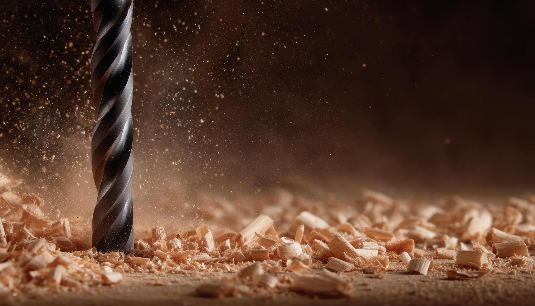 Drill bit action on hardwood surface workshop close-up image woodworking environment photo
