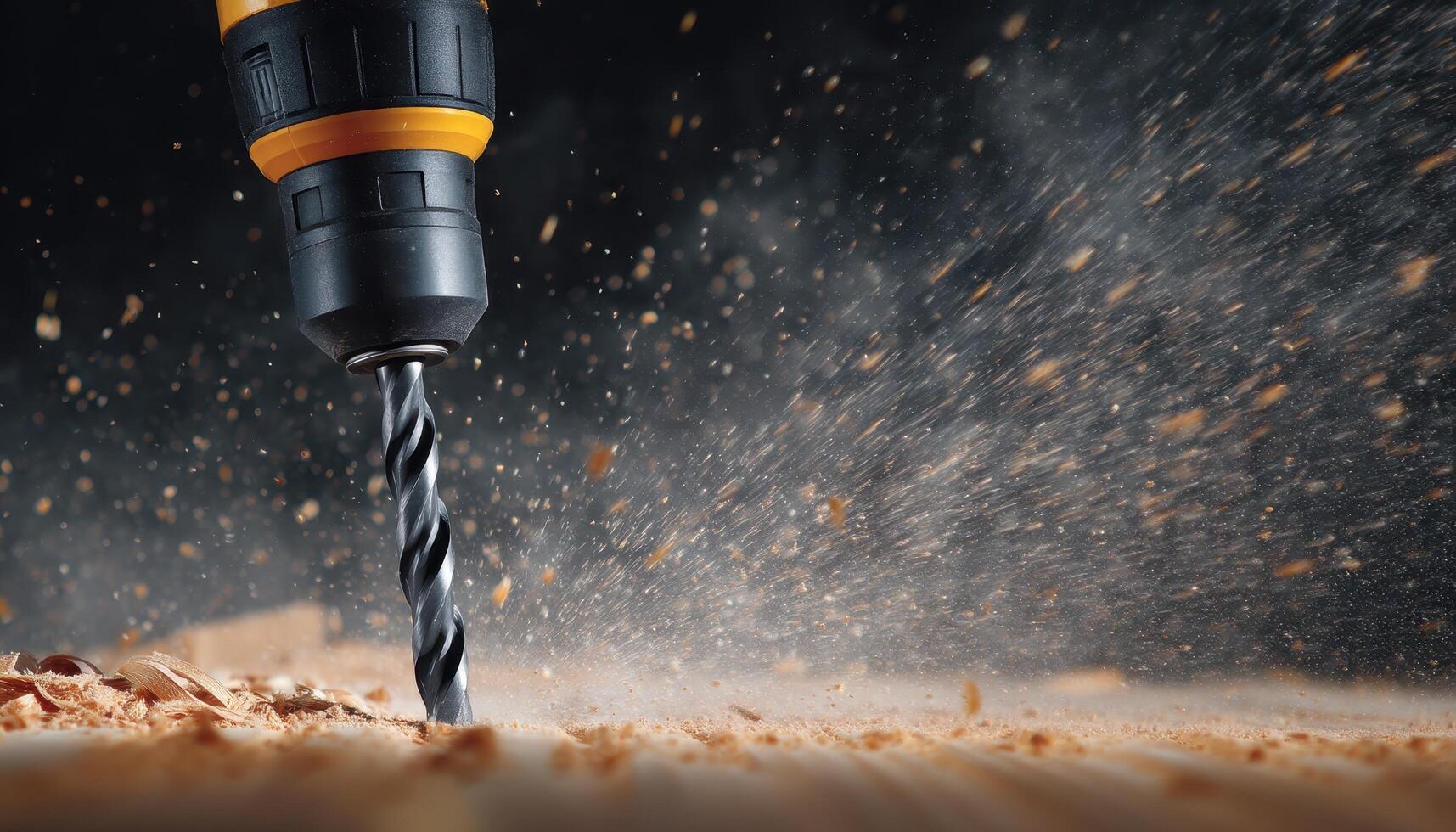 Drill in action on wood surface close-up view industrial environment high-resolution imagery photo