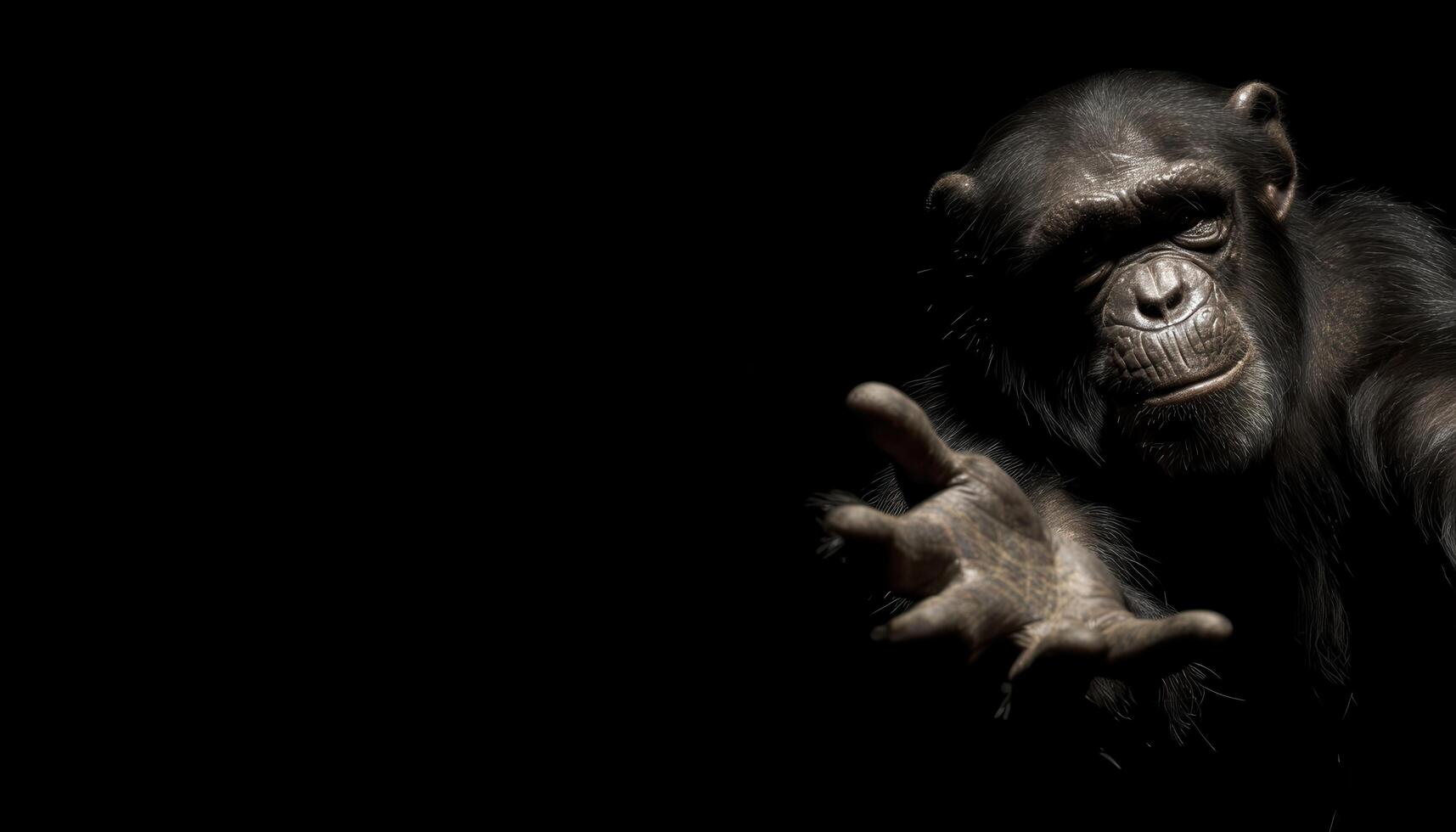 the monkey reaching out for connection low-resolution image dark environment photo