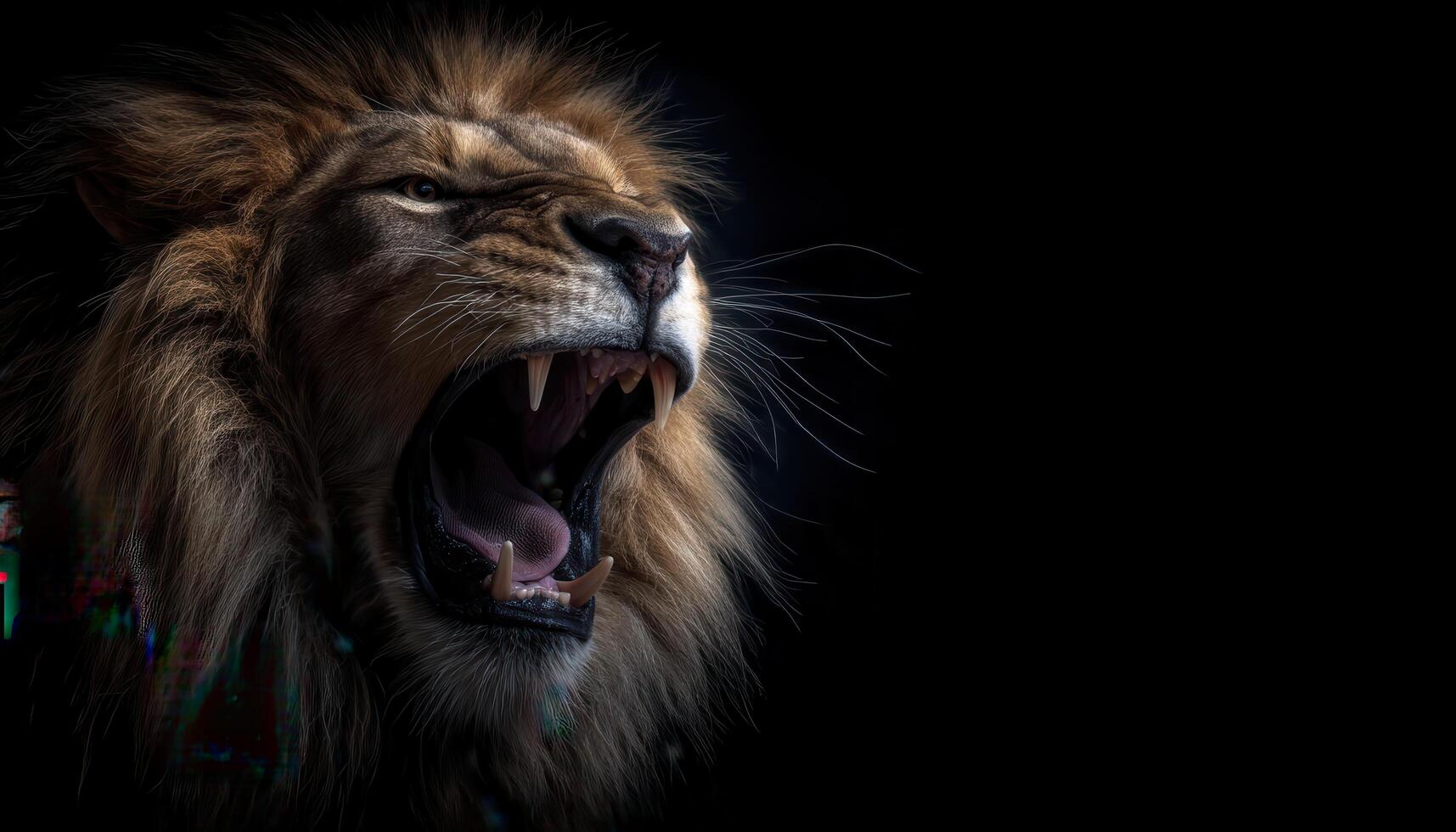 Roaring lion in low light wildlife photography dark environment close-up perspective photo