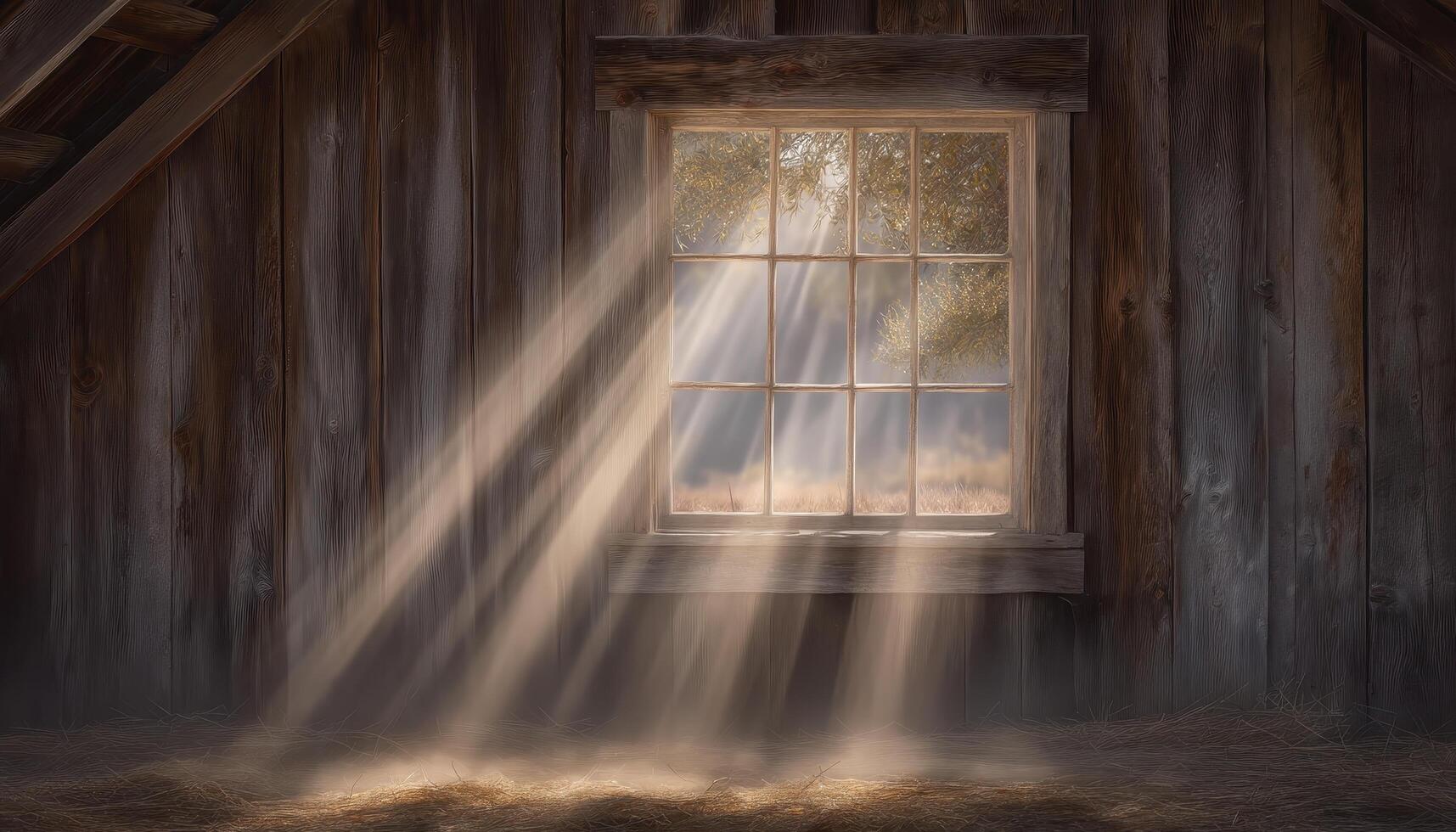 Sunlight streaming through a rustic window farmhouse attic photography serene atmosphere close-up view natural beauty photo