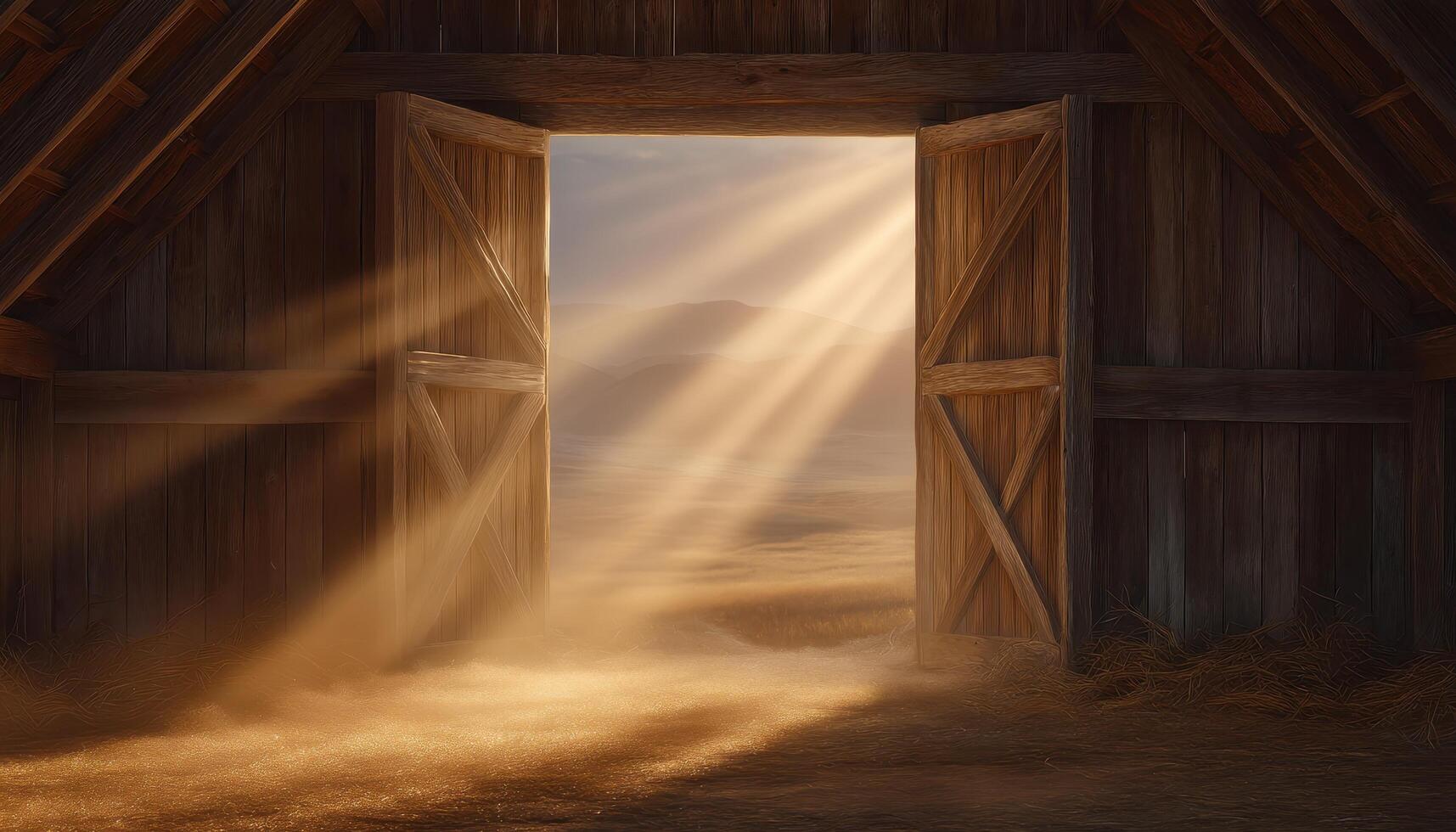 Sunlight breaking through barn doors rural landscape photography natural environment dramatic viewpoint photo