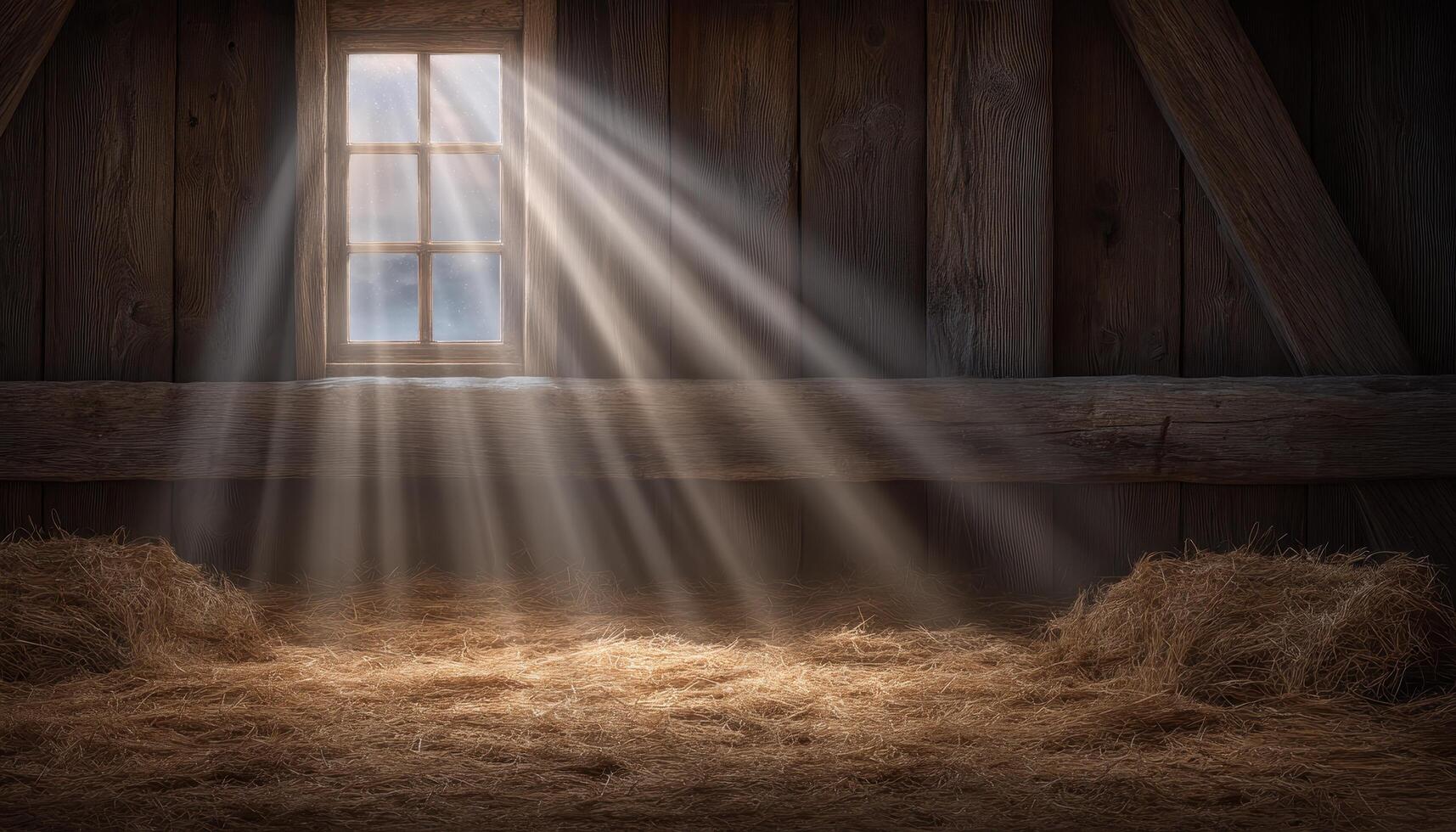 Sunlight streaming through a window in an abandoned barn capturing serene atmosphere and rustic charm photo