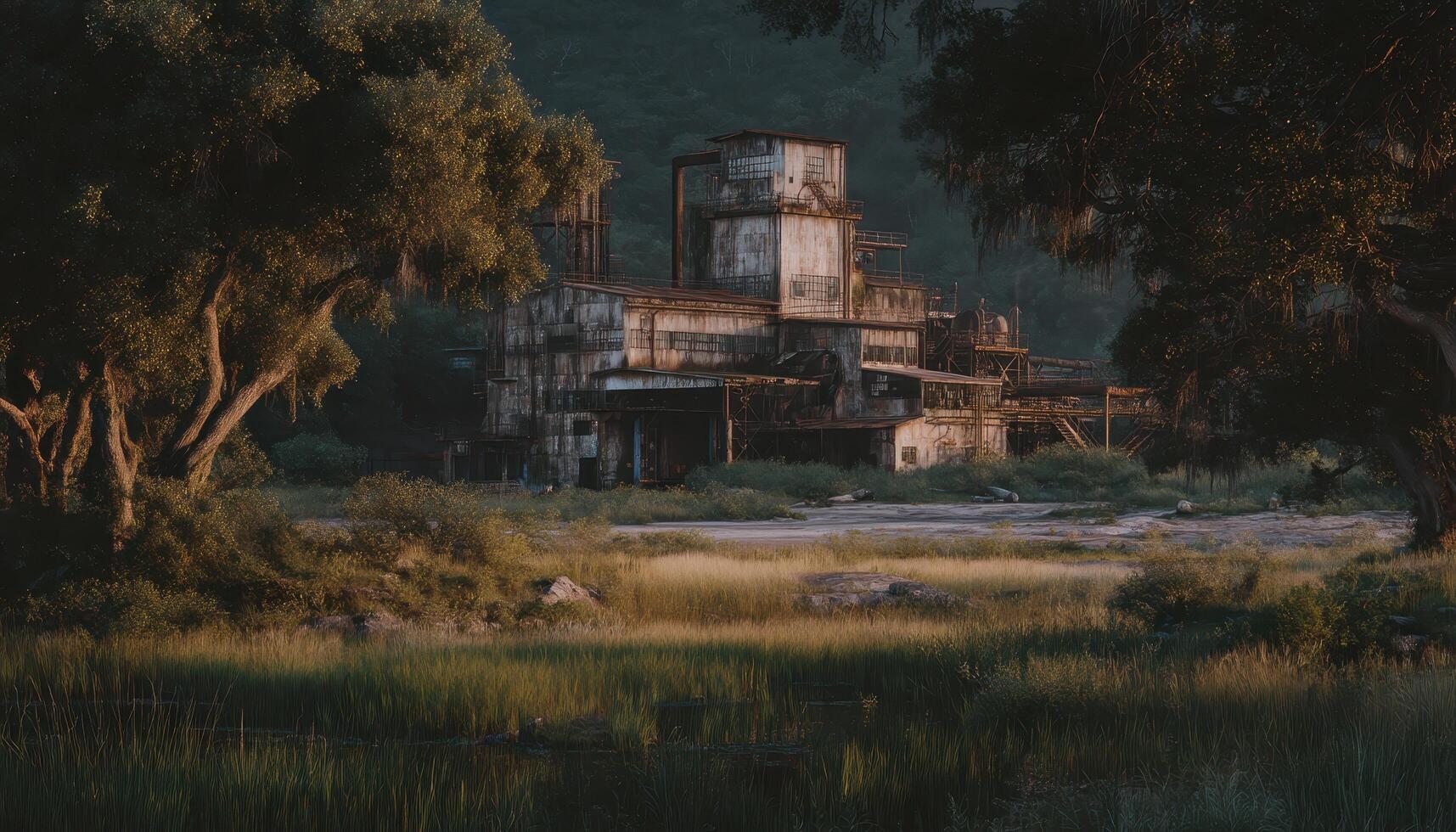 Abandoned industrial facility surrounded by nature exterior shot tranquil environment scenic view photo