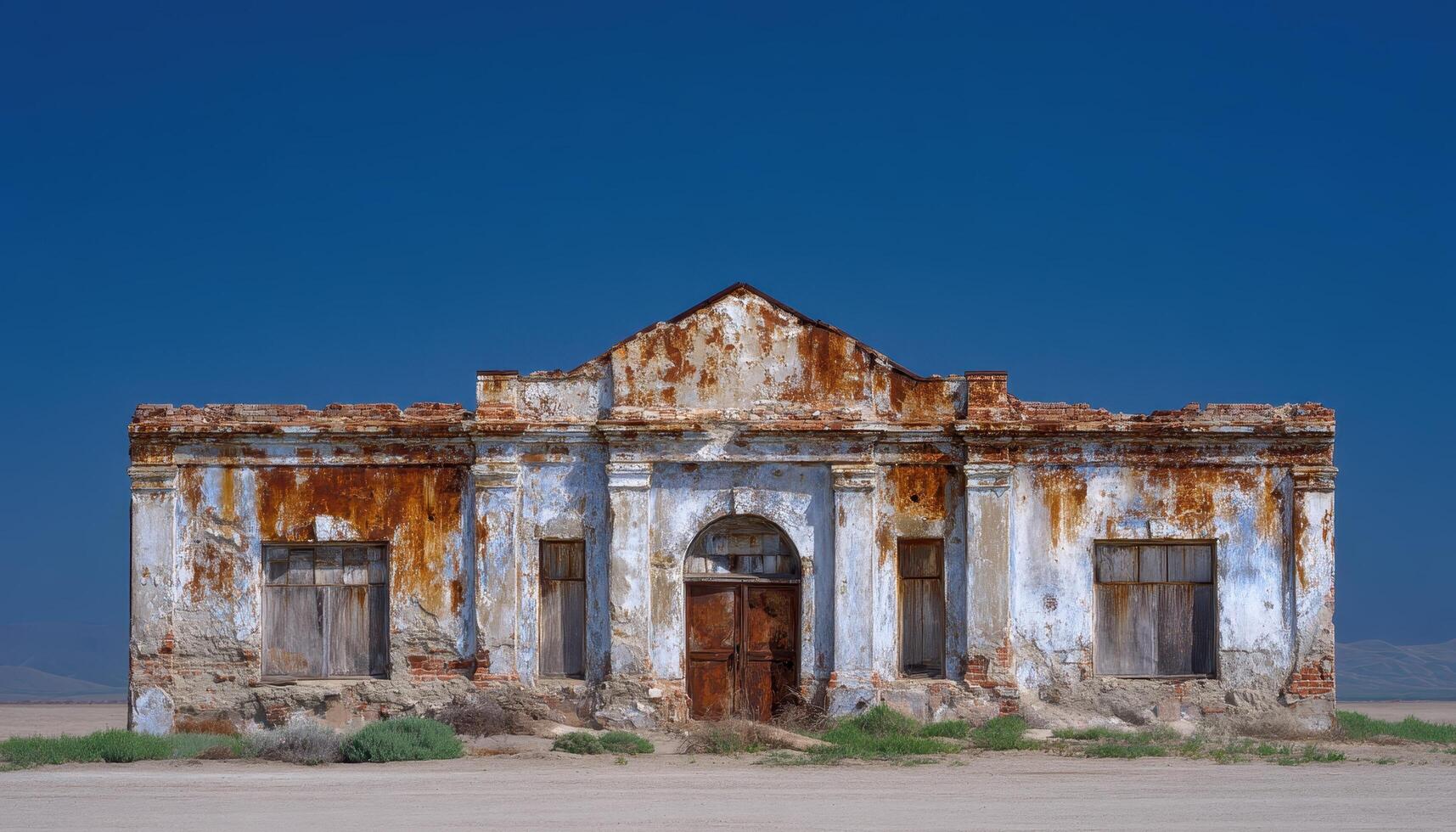Abandoned warehouse exploration desert landscape panoramic image rustic environment dramatic viewpoint photo