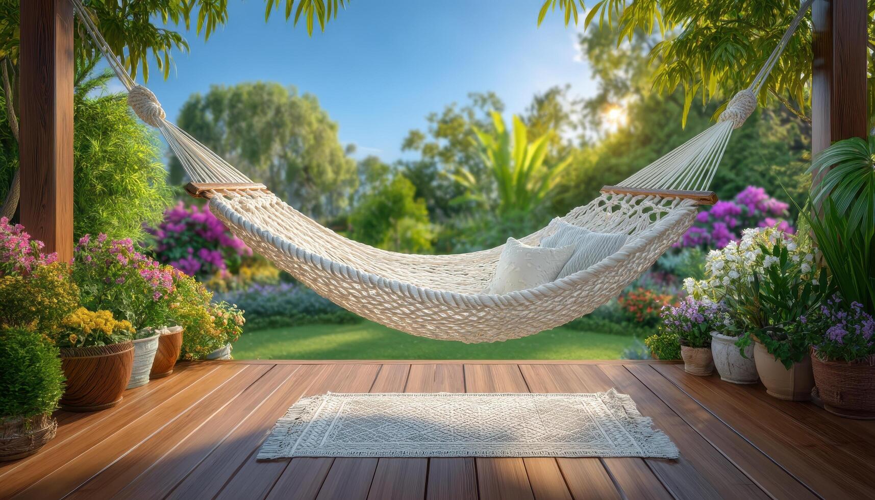 Relaxing hammock retreat in a vibrant garden oasis outdoor lifestyle serene environment daytime view photo
