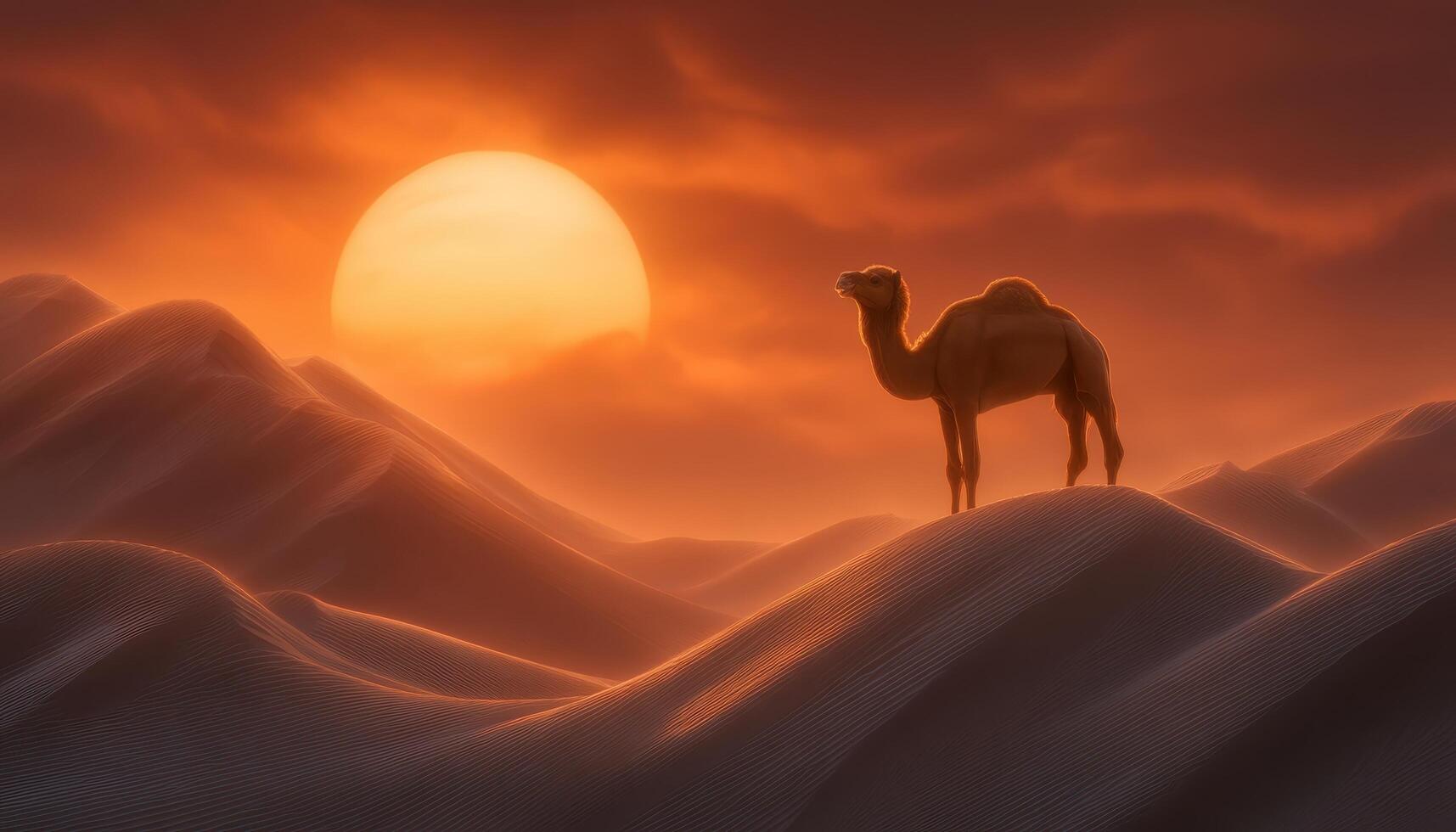 Sunset camel silhouette over rolling sand dunes desert landscape natural beauty tranquil environment photo