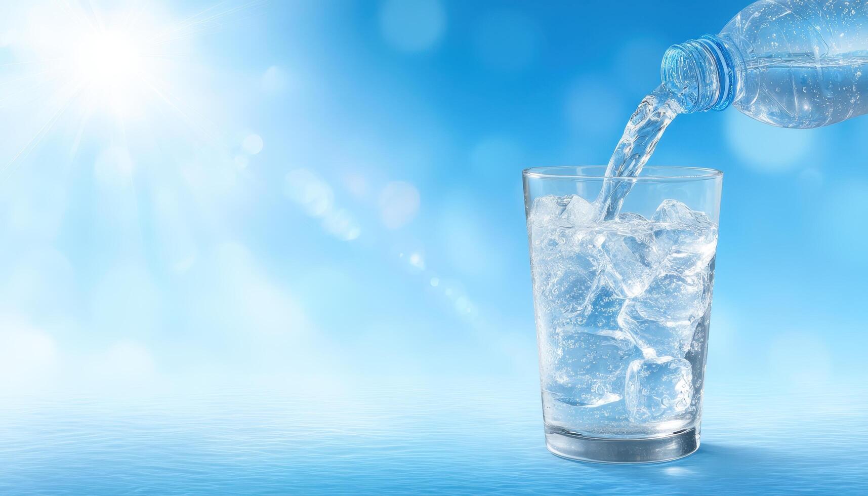 Refreshing water pouring into glass bright blue background beverage photography cheerful atmosphere photo
