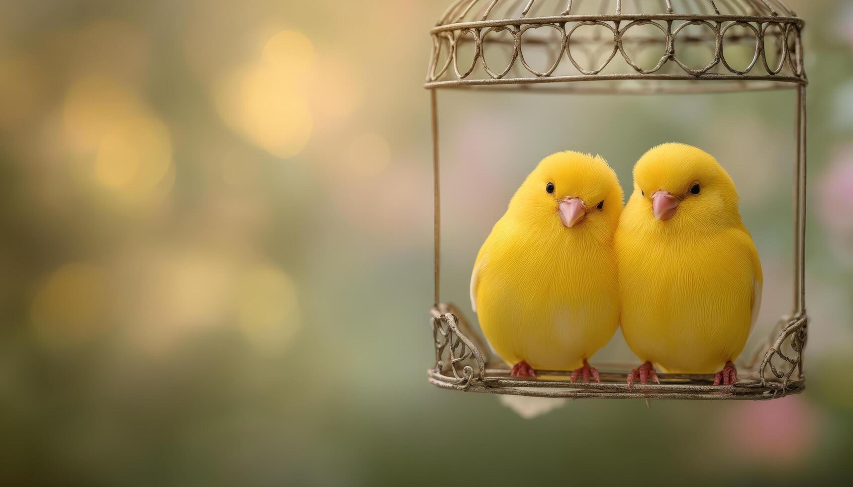 Charming scene of two cute yellow birds perched in a cage nature setting soft background photo