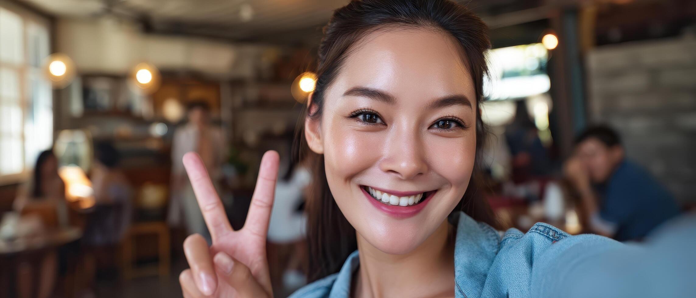 Joyful girl posing with peace sign cozy room portrait photography bright and inviting atmosphere playful concept photo