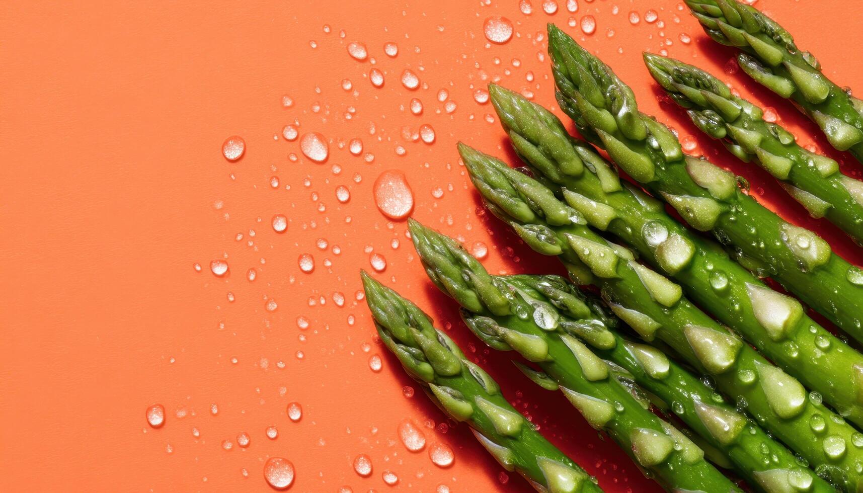 Dewy asparagus spears closeup vibrant orange background food photography fresh produce gourmet concept photo
