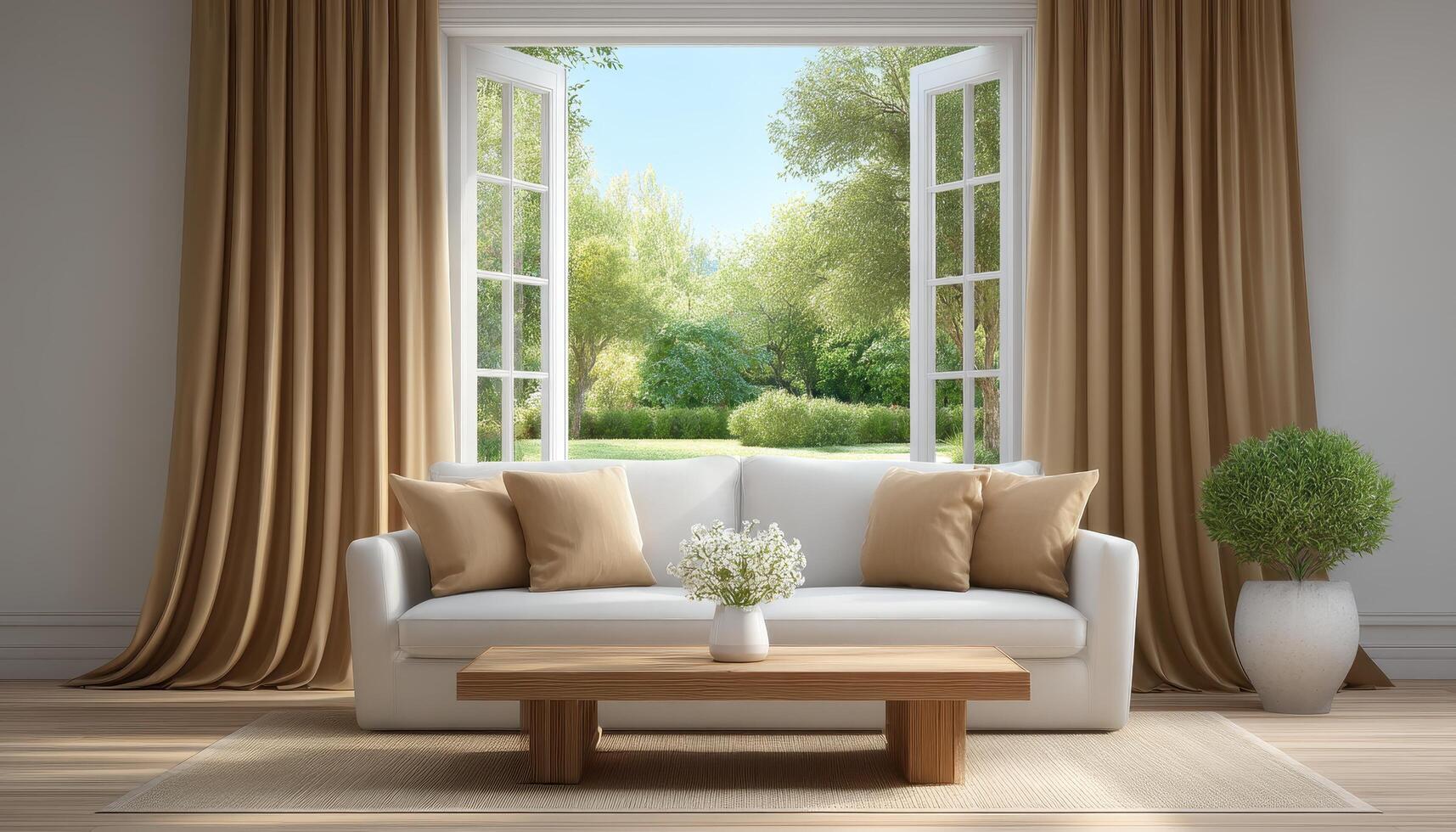 Stylish minimalist living room with elegant drapes bright outdoor view interior design cozy atmosphere photo