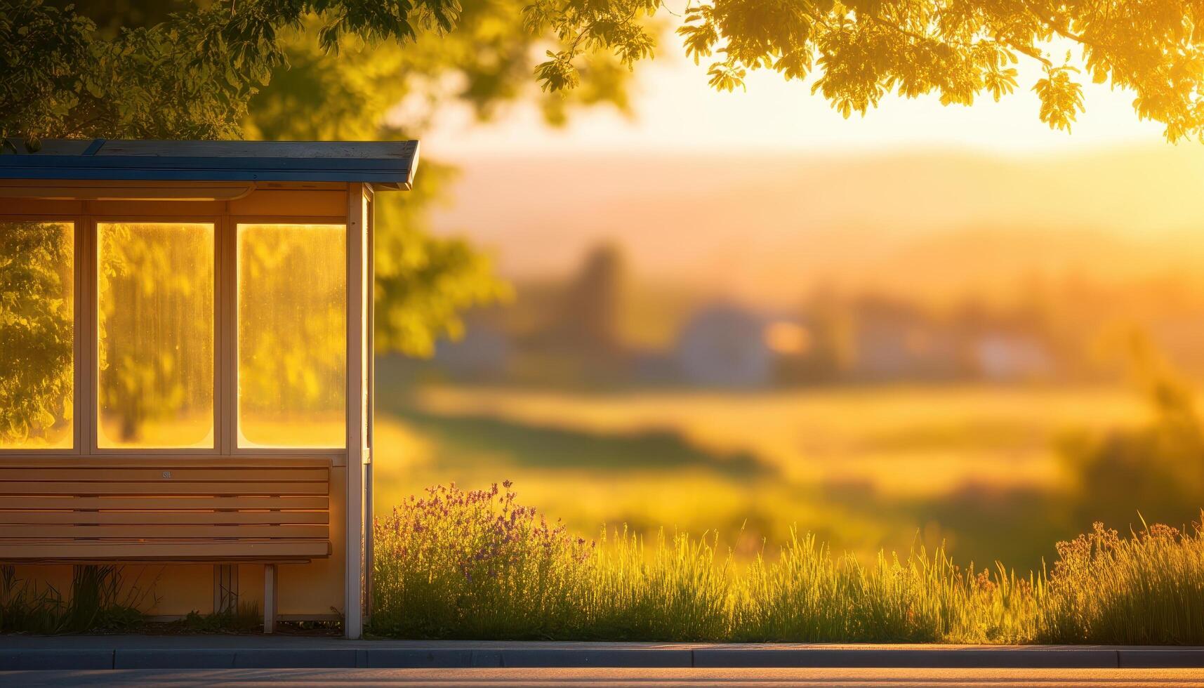 Tranquil rural bus stop amidst lush green fields sunset view photography peaceful environment photo