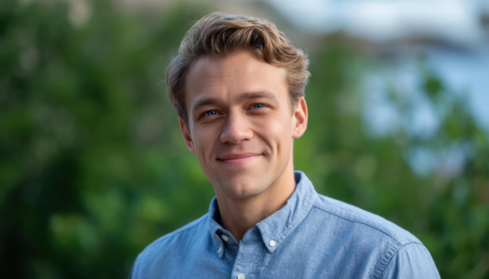 Smiling young man outdoor setting portrait photography natural light casual atmosphere photo