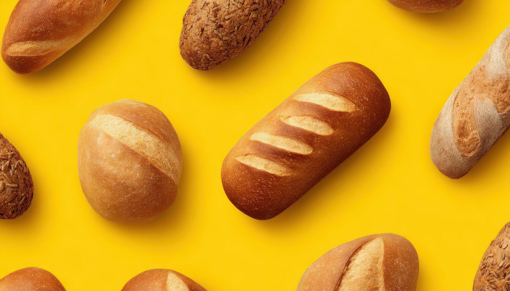 Delicious bread rolls variety displayed overhead yellow background food photography bright environment conceptual view photo