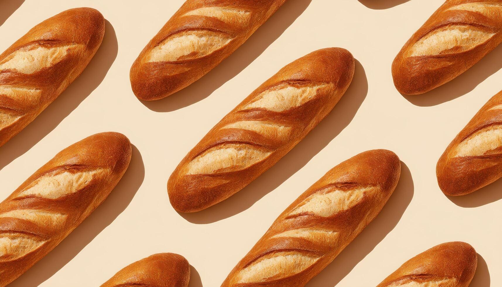 Golden brown baguettes playfully arranged on a standard surface food photography bright environment photo