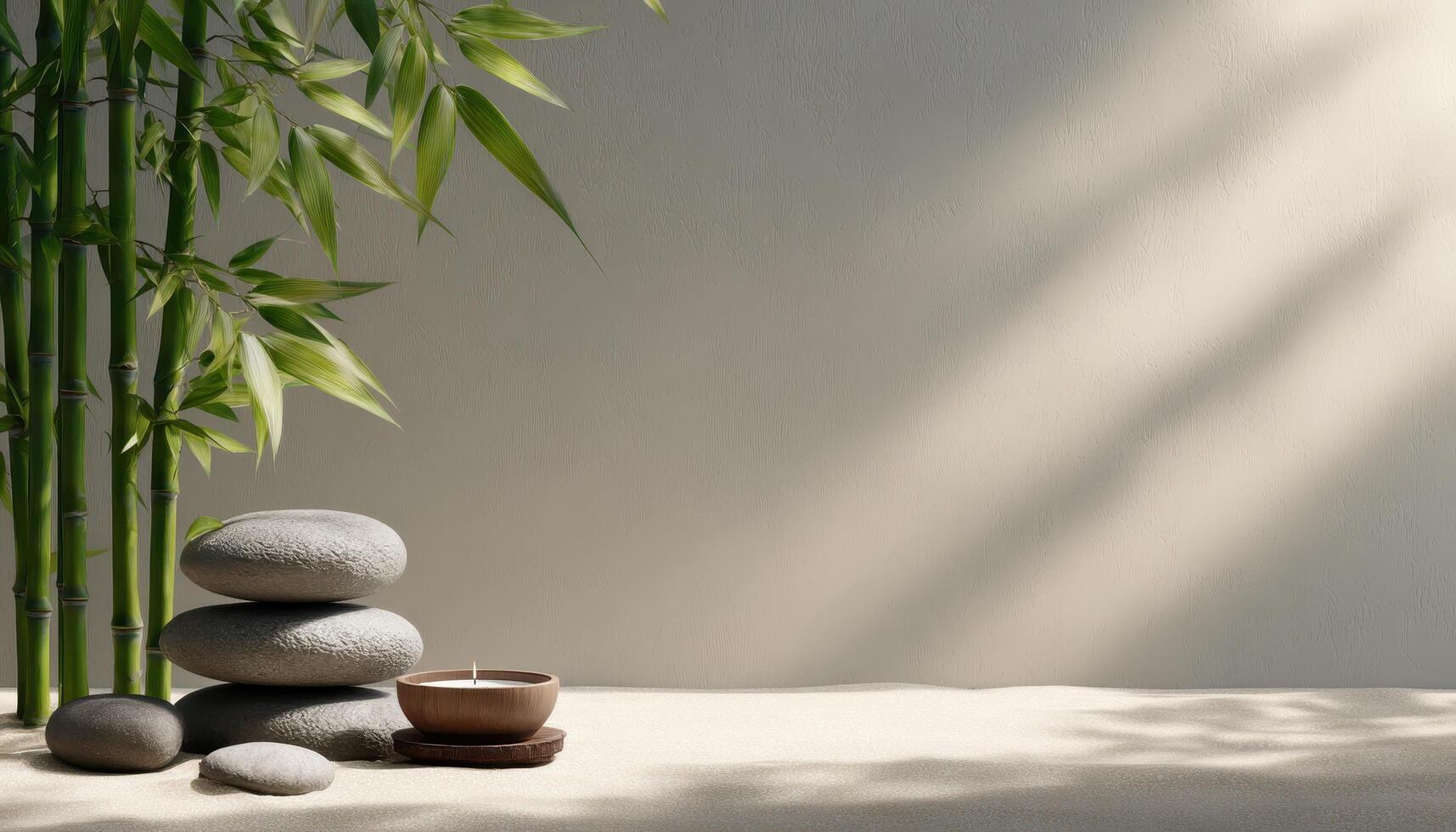 Tranquil zen garden with bamboo and stones minimalist design indoor serenity peaceful atmosphere photo