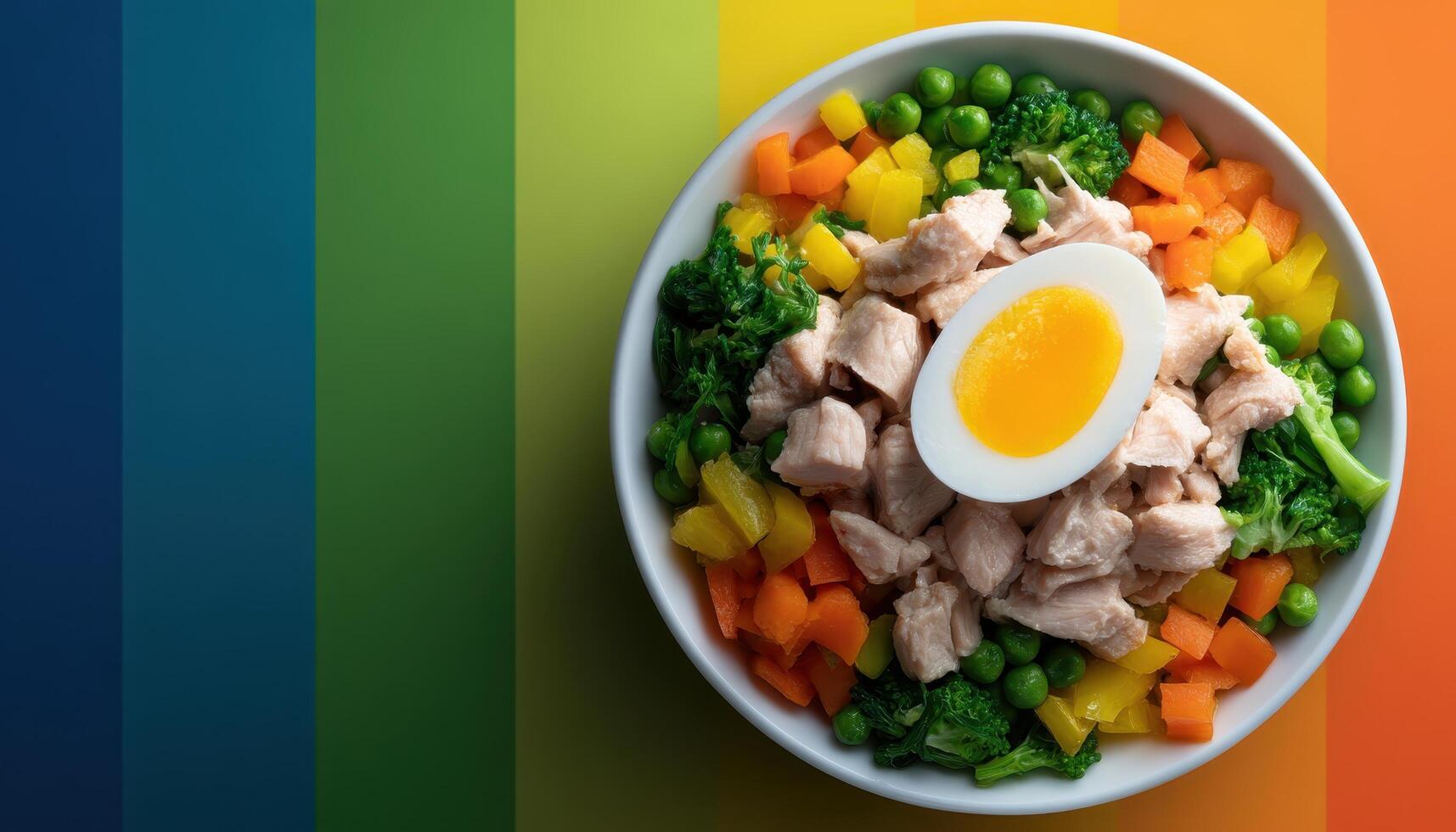 Vibrant chicken salad with steamed vegetables kitchen food photography colorful background top view healthy eating photo