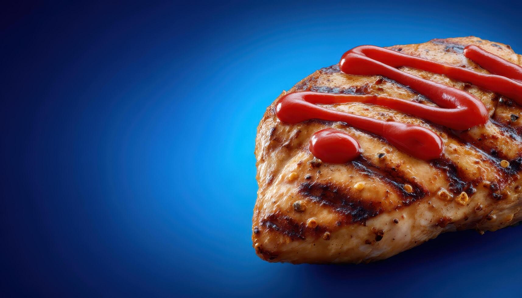 Juicy grilled chicken breast with ketchup vibrant blue background food photography close-up delicious concept photo