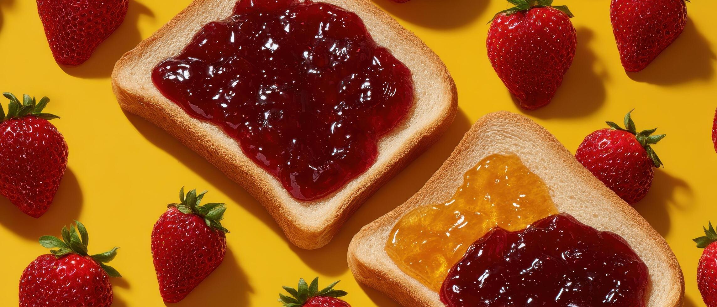 Colorful breakfast spread with jam and berries kitchen table food photography bright atmosphere top view photo