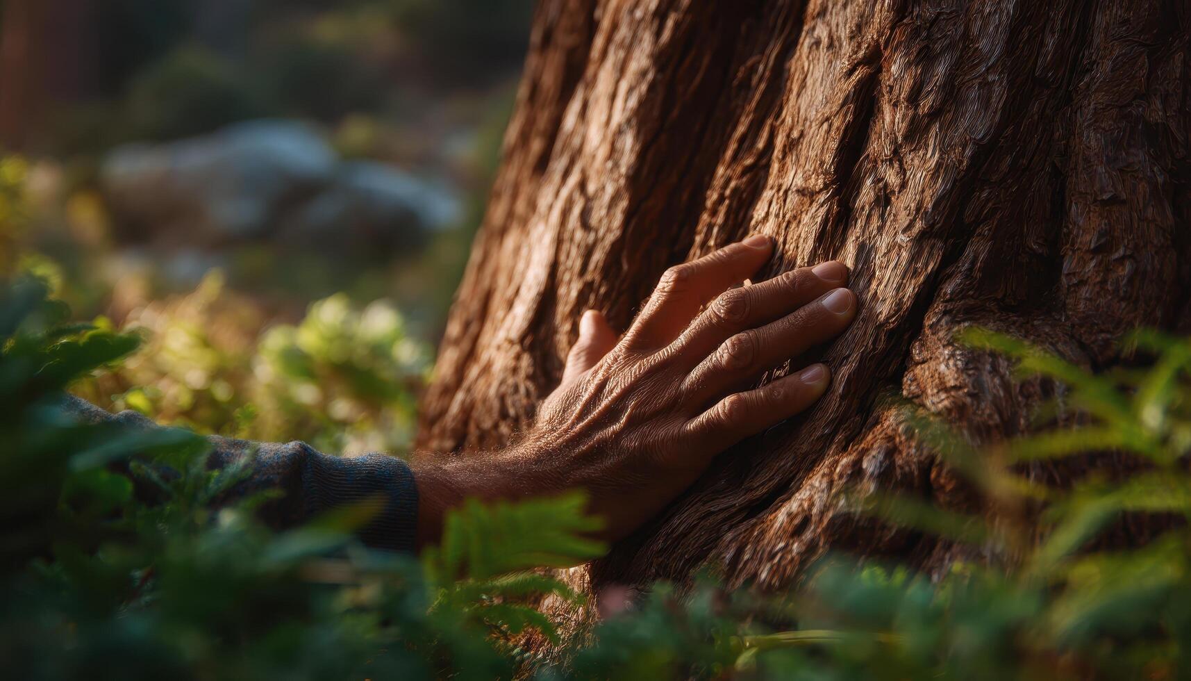 Tracing nature's textures closeup of hand on weathered tree bark forest setting nature photography photo