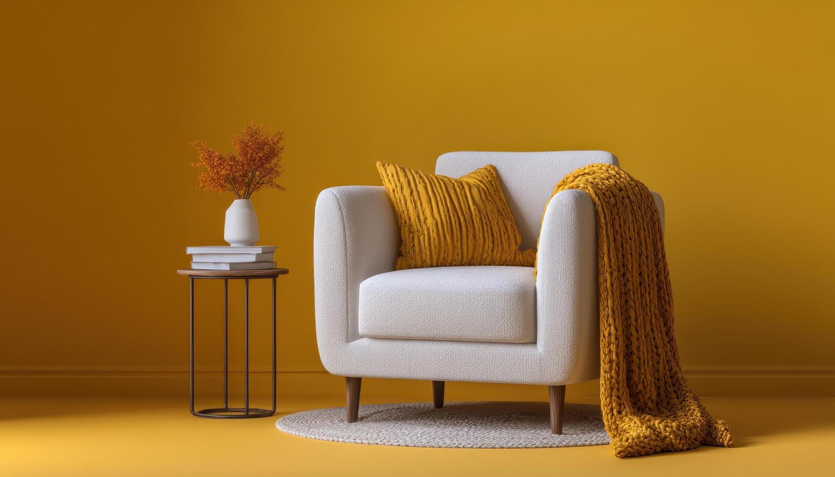 Cozy reading nook with sleek armchair and decor accents in stylish yellow setting photo