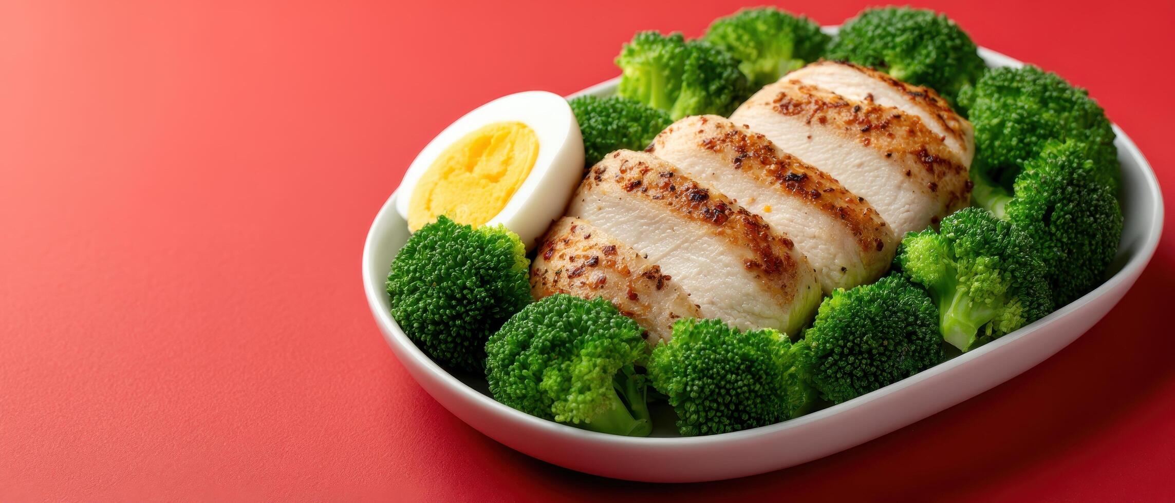 Healthy meal preparation tender boiled chicken breast with broccoli flatlay image vibrant red background photo