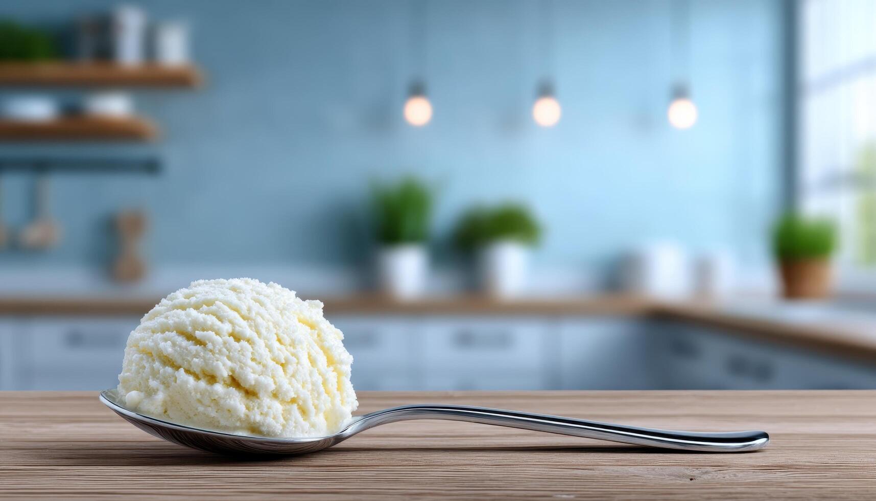 Delicious ice cream scoop on a spoon in a cozy kitchen setting minimalist style photo