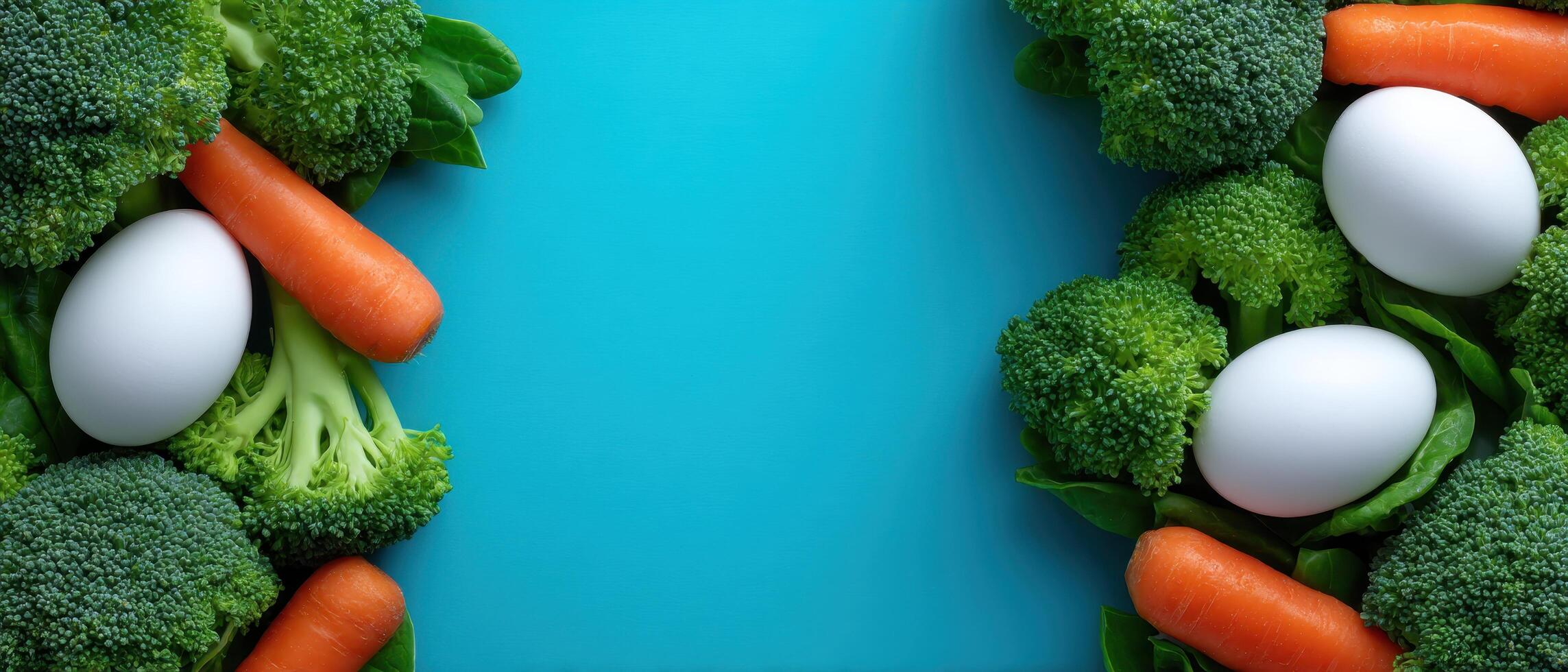 Colorful fresh broccoli carrots and eggs arrangement on bright blue background photo