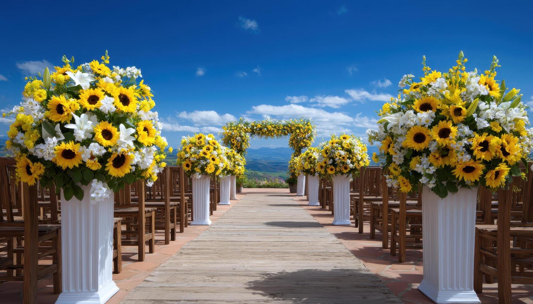 Elegant wedding aisle decorated with sunflower vases scenic outdoor venue floral arrangement bright day photo