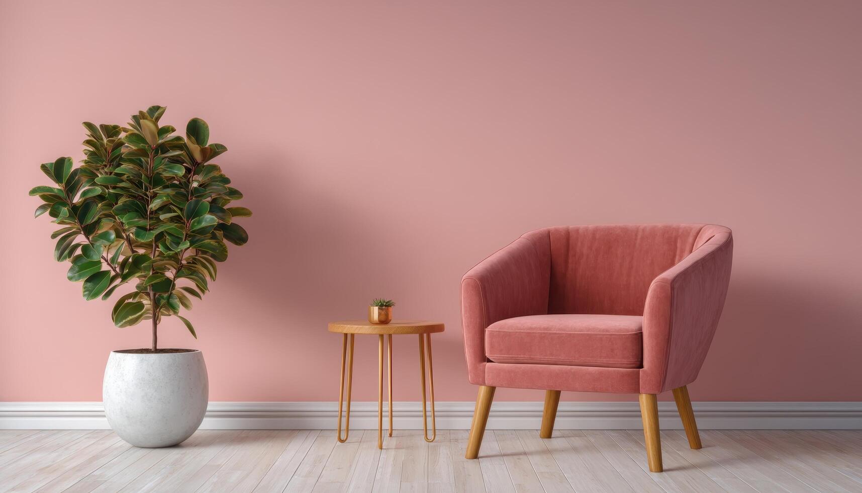 Cozy minimalist living room with pink walls and green plant stylish interior design modern aesthetic photo