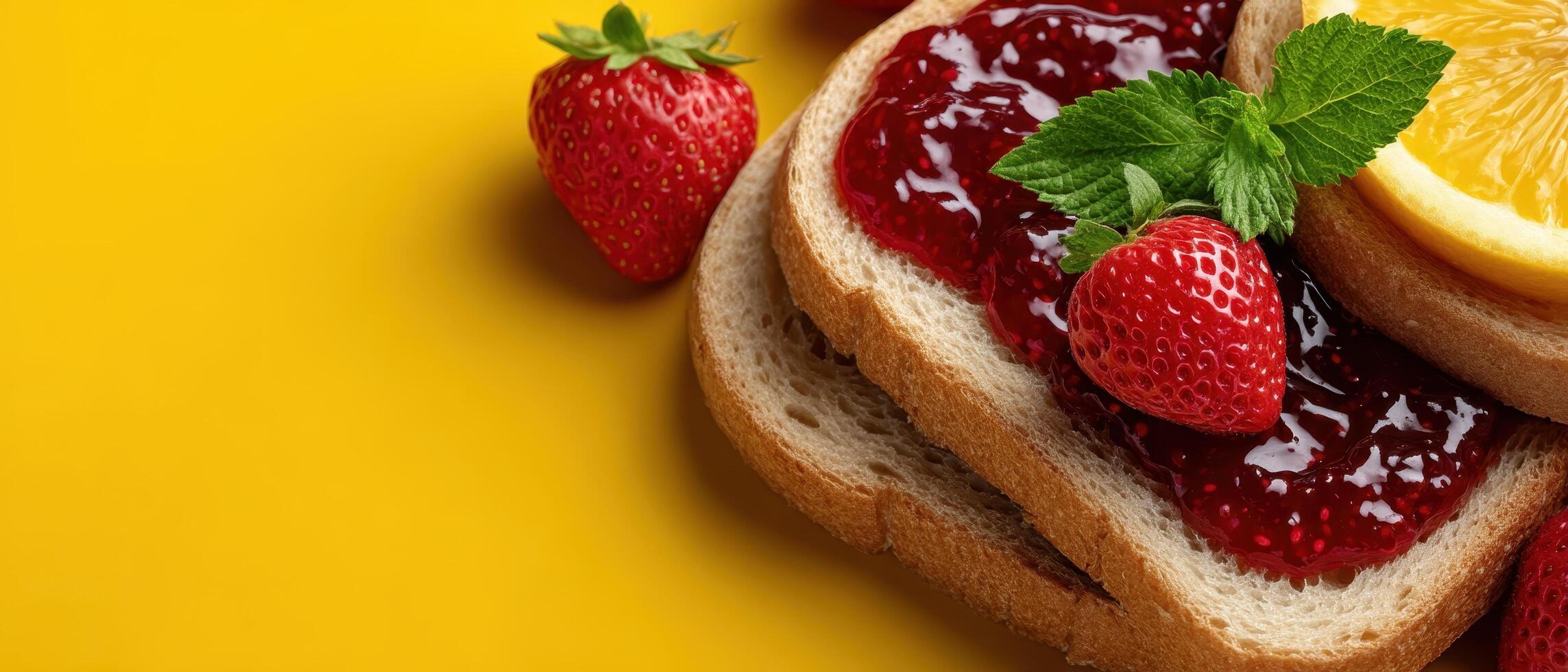 Colorful breakfast spread with jam and strawberries on toast bright kitchen food photography vibrant atmosphere photo