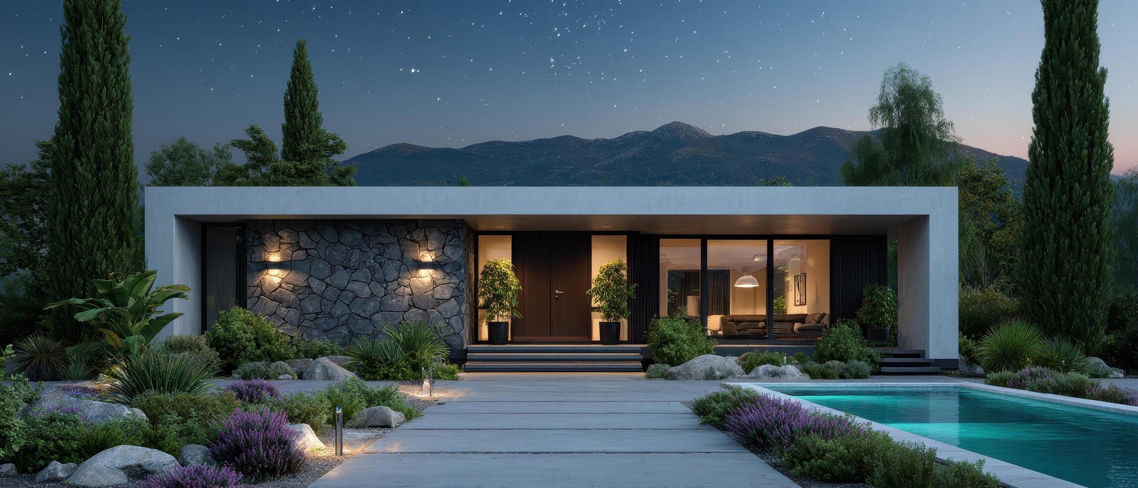 Cozy modern house design lush landscape 3d rendering evening setting serene environment photo