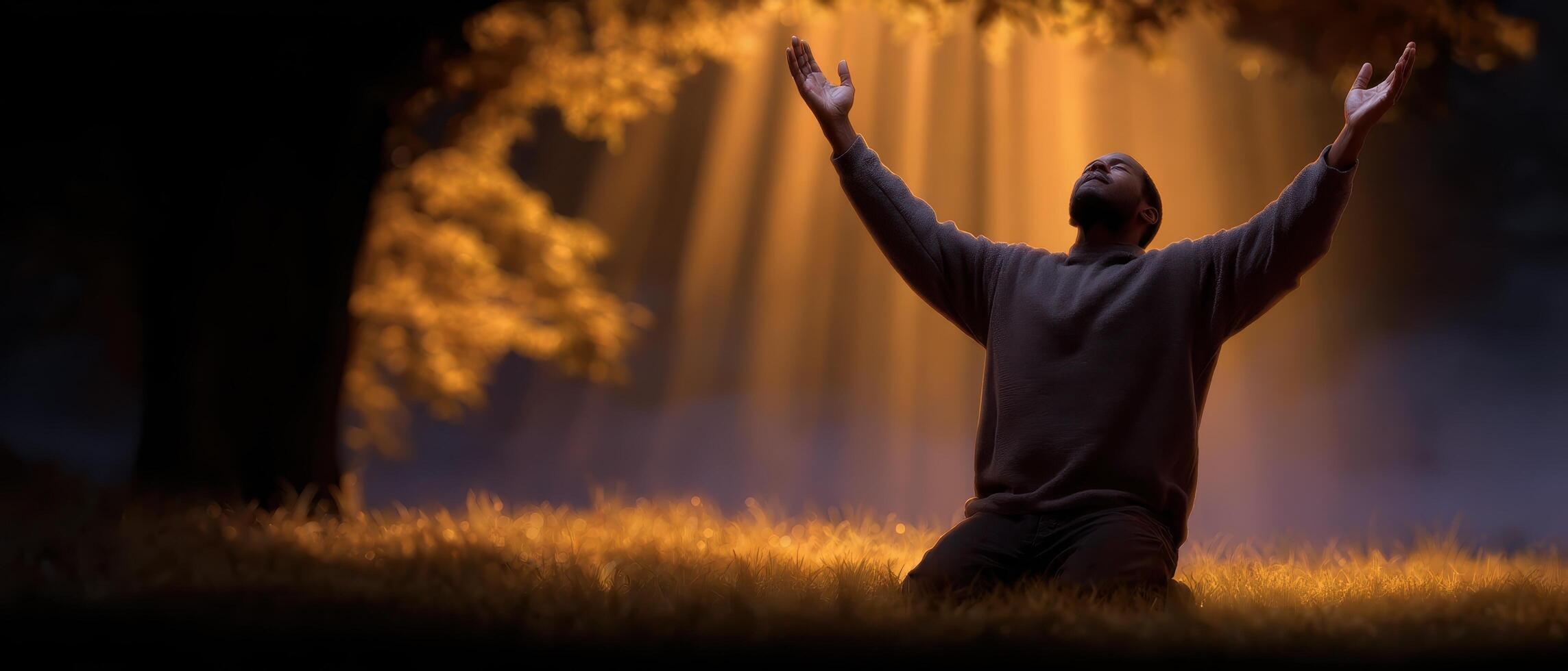 Prayerful reflection tranquil forest image spiritual environment ground level serene silhouette photo