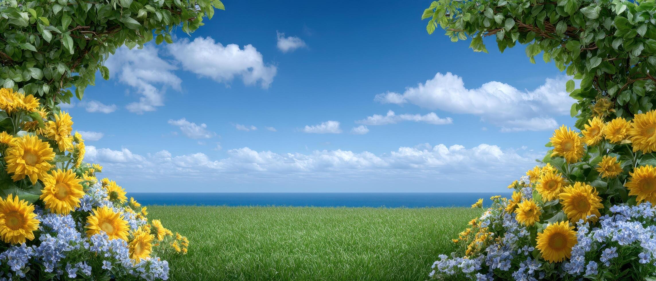 Vibrant landscape with sunflowers and clear blue sky nature scene outdoor panoramic view photo