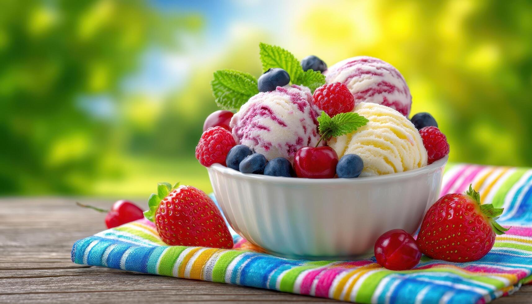 picnic delight with ice cream bowl park setting food photography bright environment close-up fun concept photo