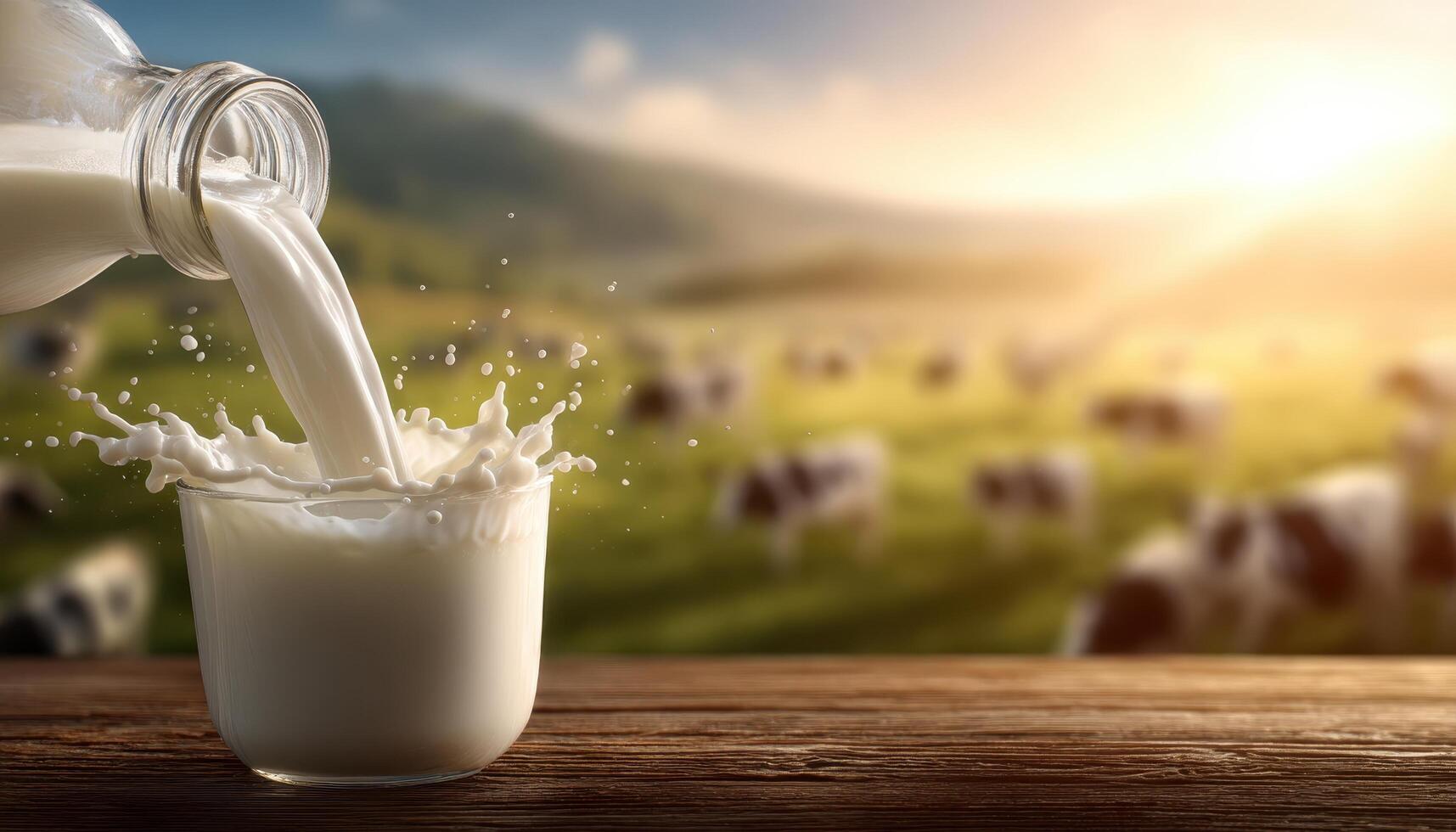 Pouring fresh milk from glass bottle into cup dairy farm beverage scene natural lighting photo