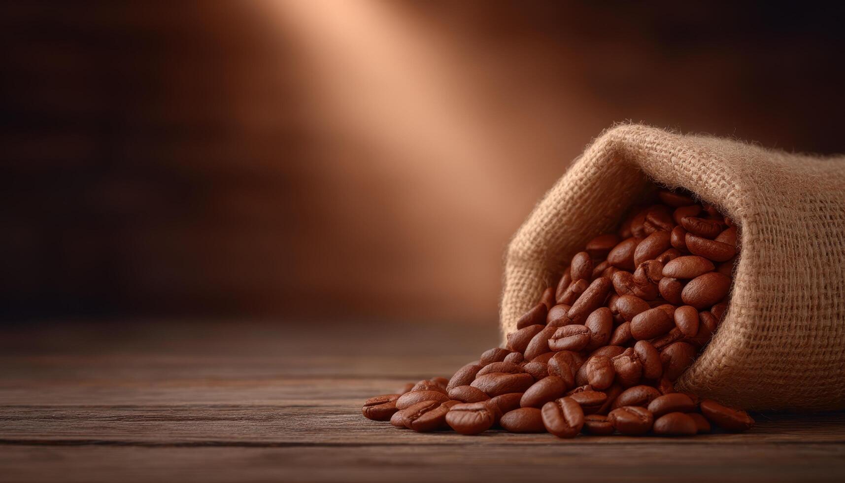 Freshly ground coffee beans spilling from burlap sack rustic setting close-up shot natural light photo