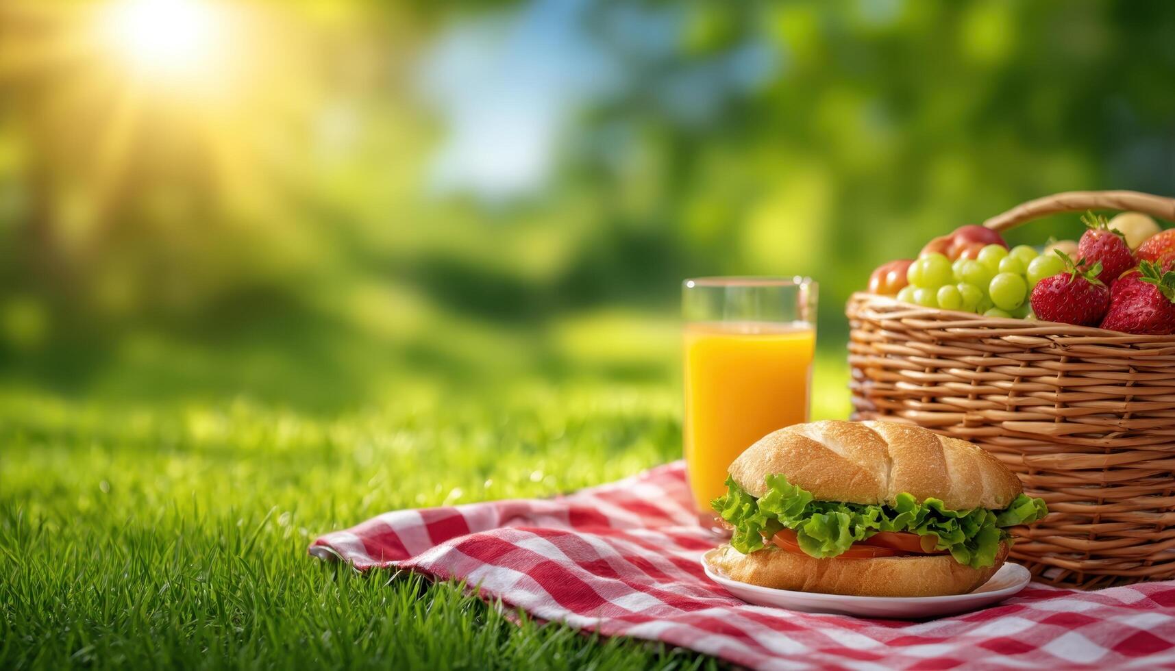 Relaxing picnic setup on a checkered blanket in a lush green park outdoor lifestyle daylight photo