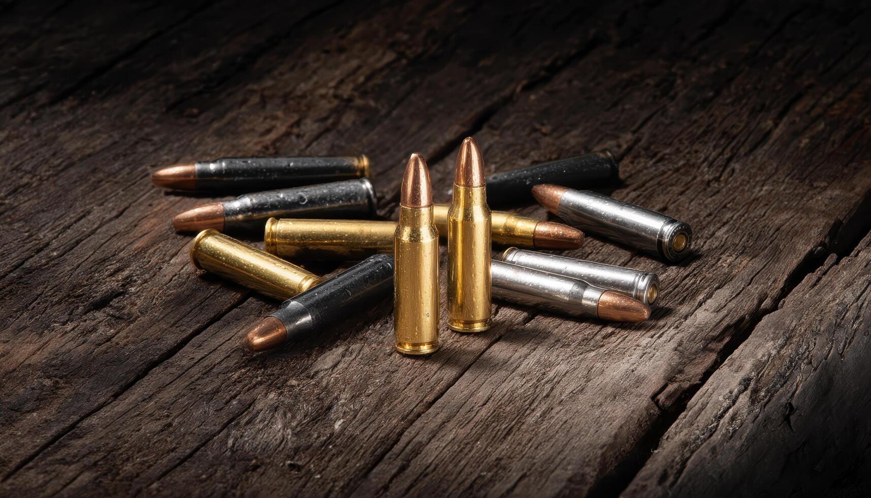 Dramatic shot of various bullets on wooden surface close-up industrial art textured background photo