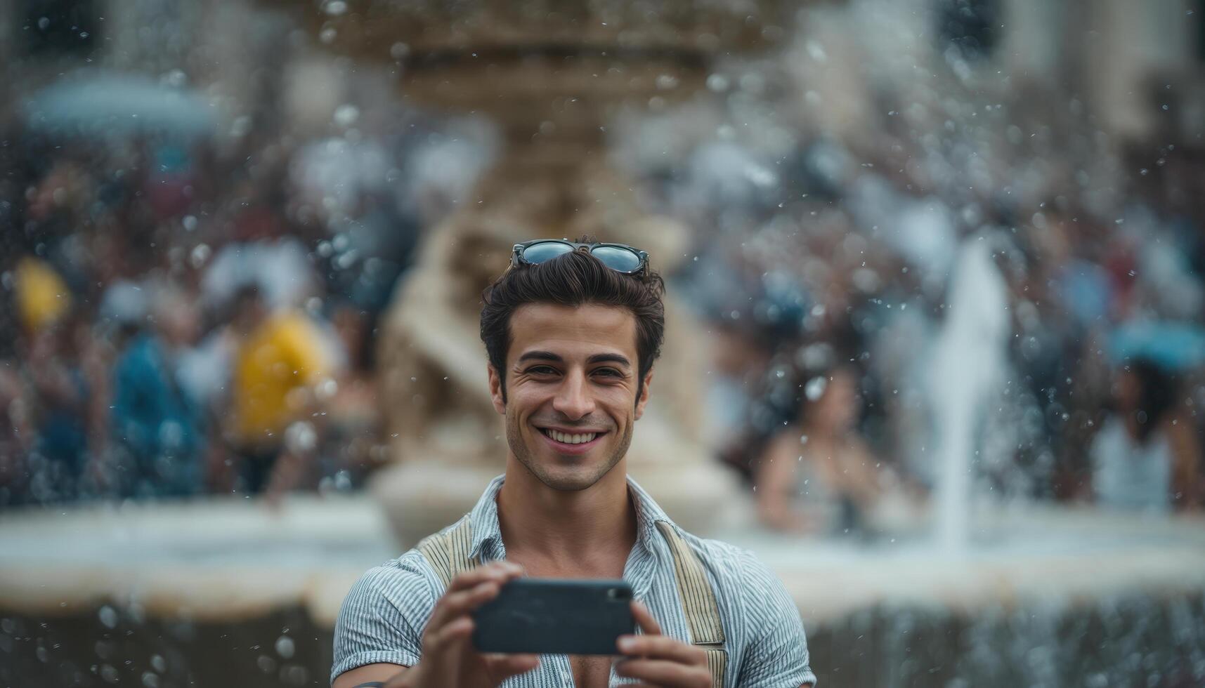 Traveler smiling near iconic fountain in historic city candid photography urban environment joyful concept photo