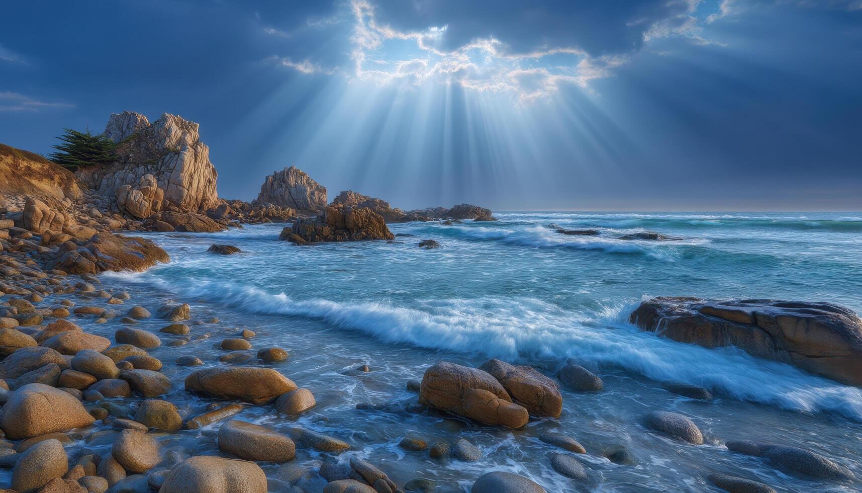 Sunlight over rocky coastline beach landscape scenic nature ocean view radiant environment photo