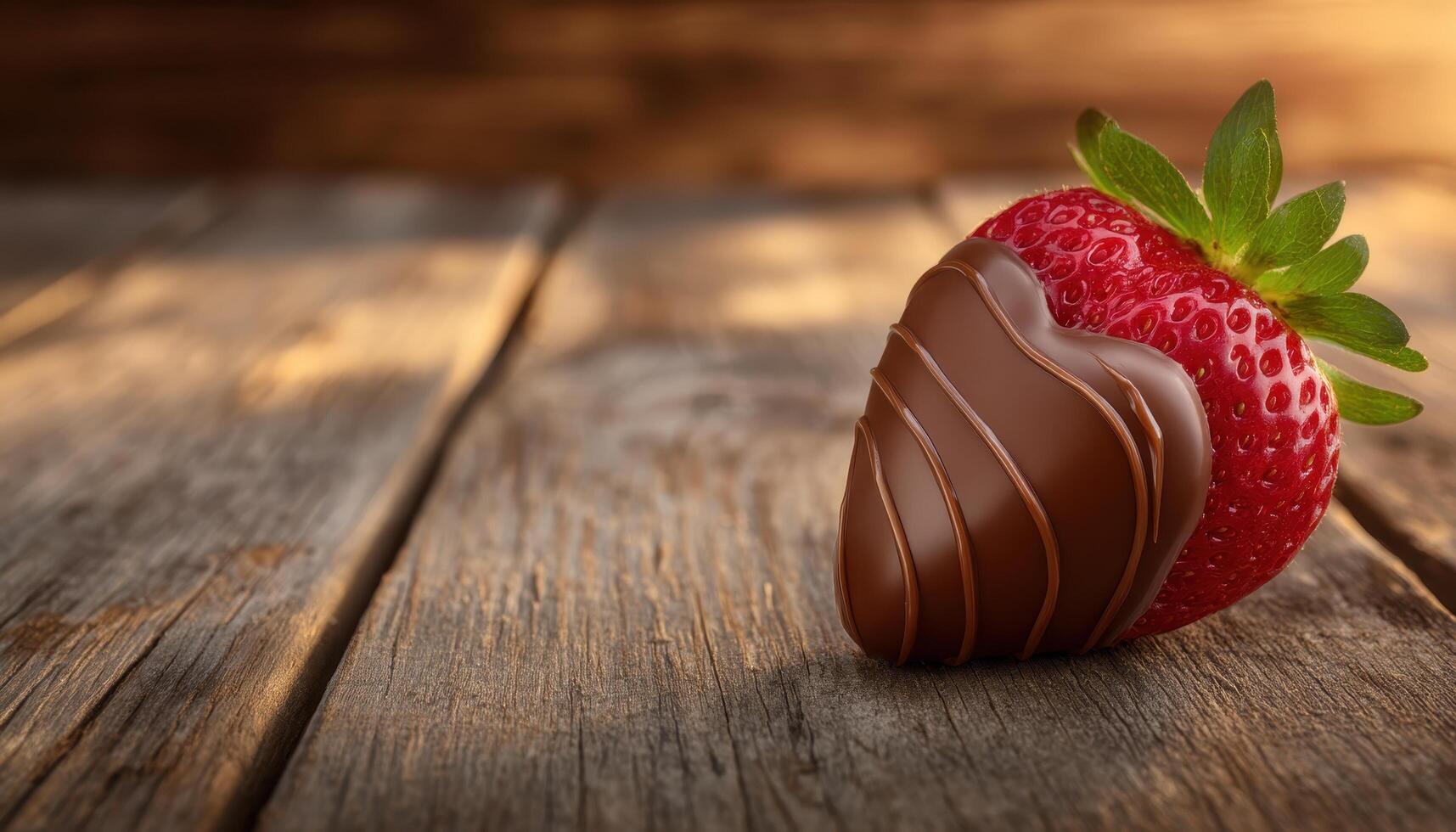 Chocolate dipped strawberry on rustic wooden background food photography natural light close-up shot photo