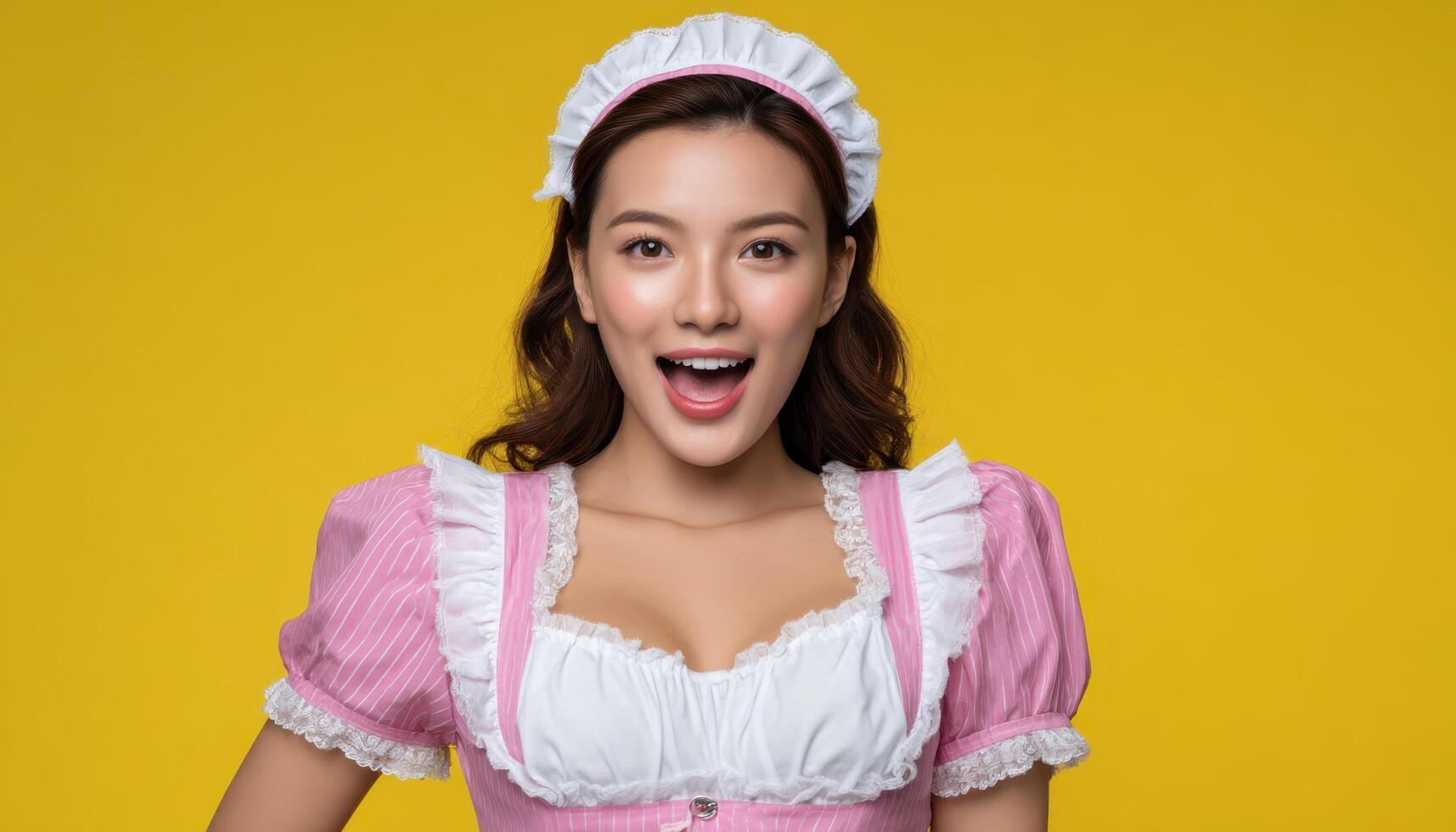 Playful maid costume portrait studio photography vibrant yellow background mid-action pose photo
