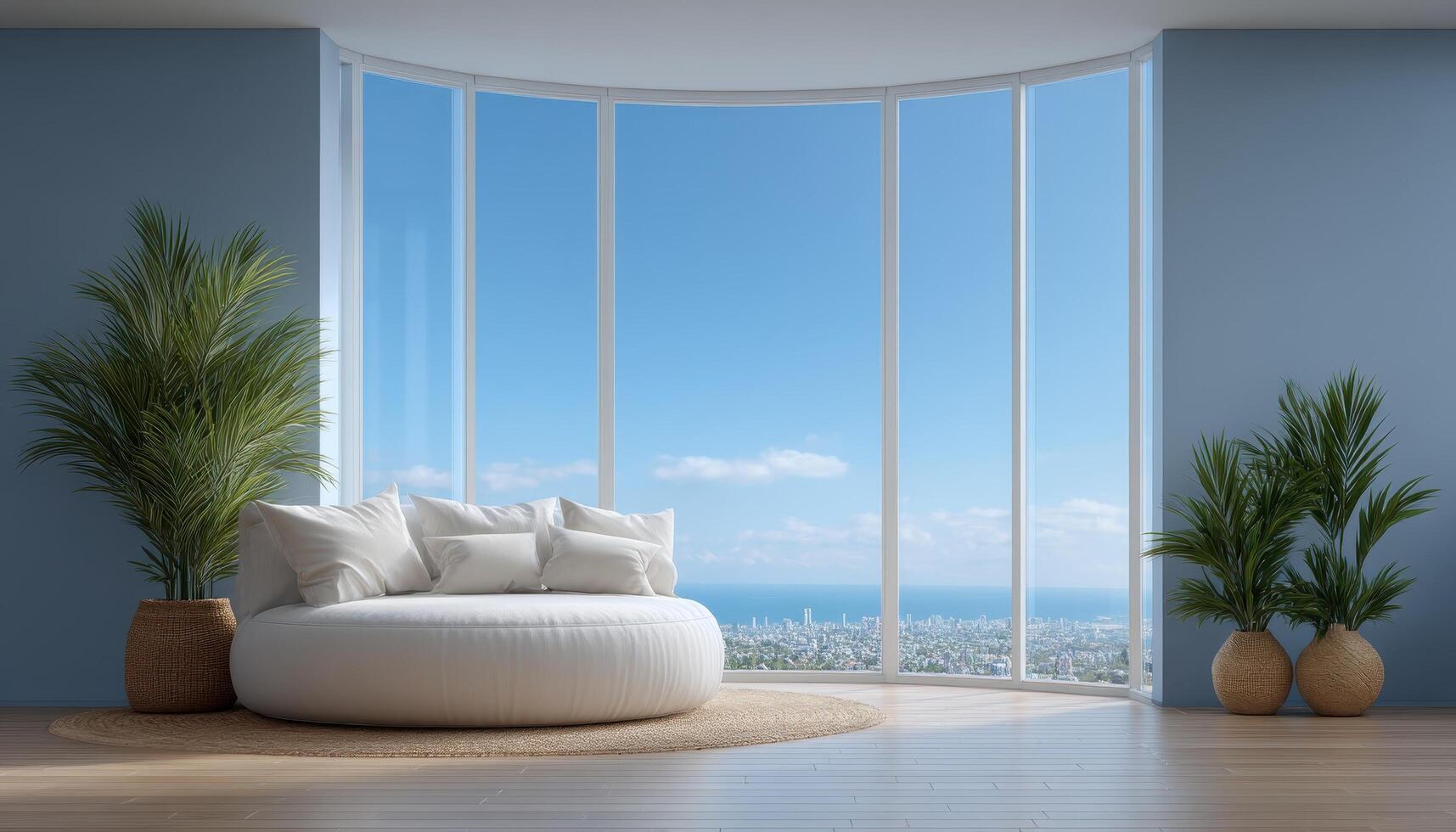 Serene living room design with panoramic views coastal city interior space bright atmosphere modern aesthetic photo