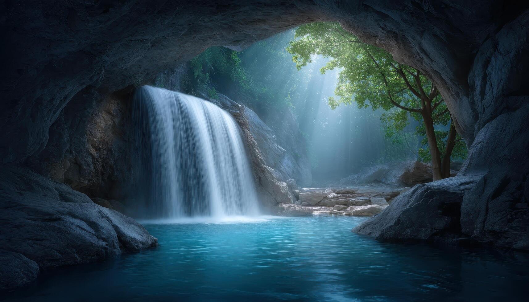 Serene waterfall cascading in a chamber cave nature's beauty tranquil environment captivating view photo