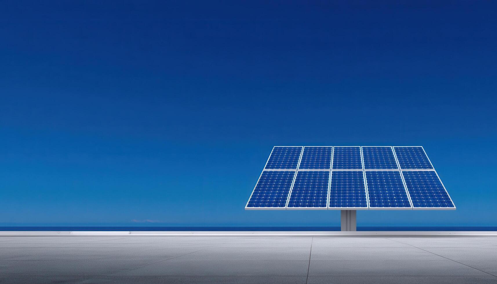 Solar panel installation under bright sunlight coastal area minimalistic photography clear sky contemporary concept photo
