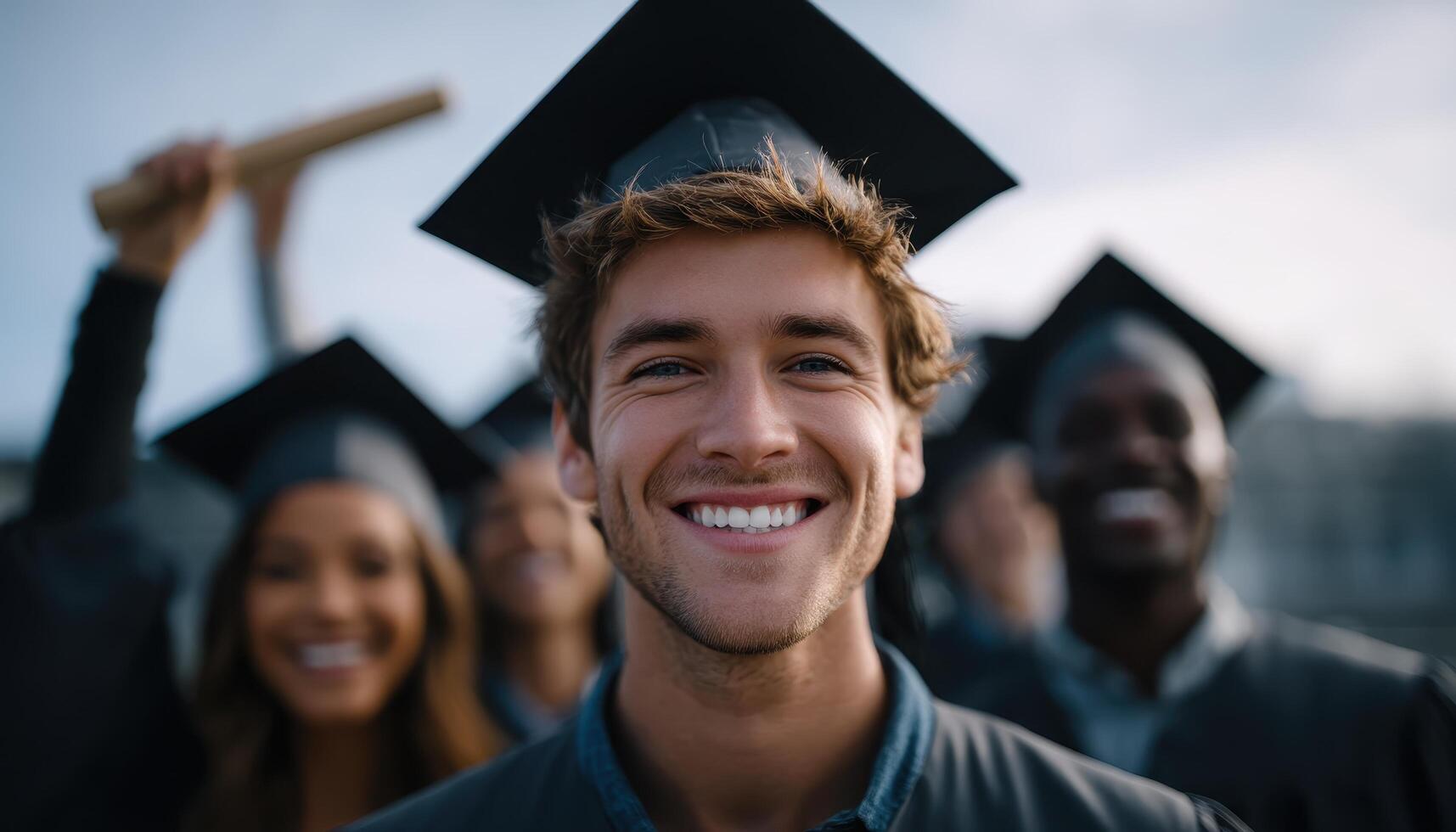 Diverse graduates celebrating achievements in outdoor ceremony smiling faces joyful atmosphere photo